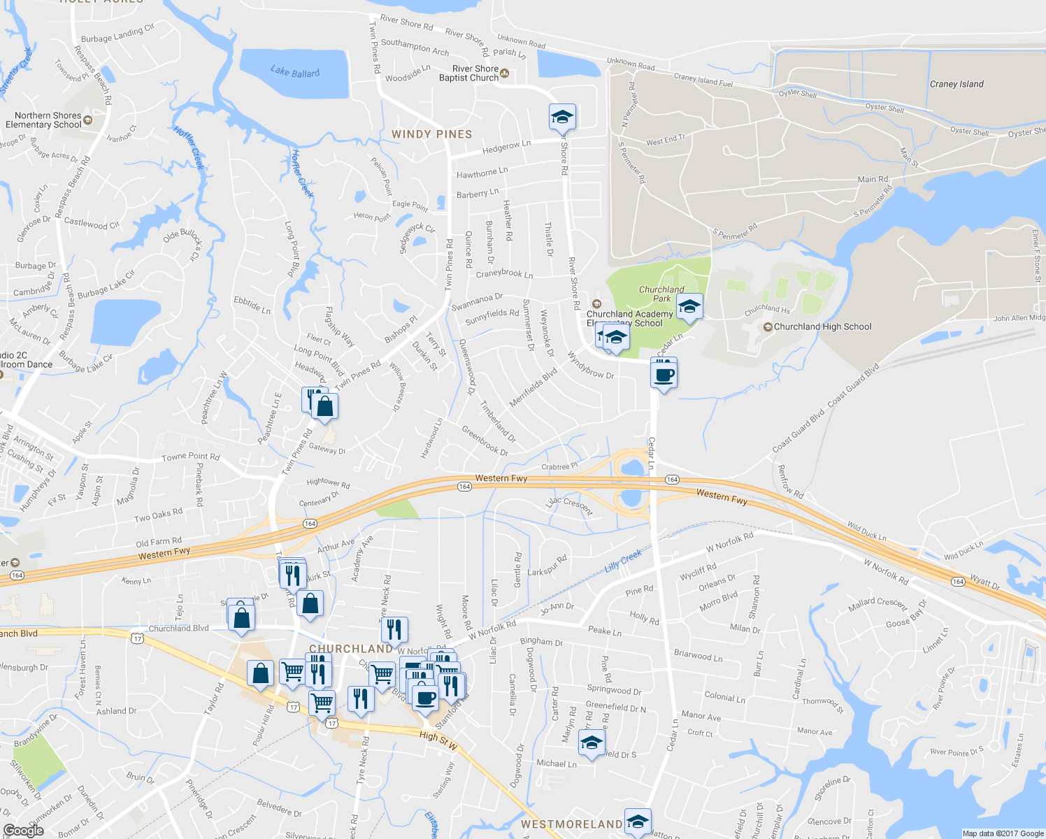 map of restaurants, bars, coffee shops, grocery stores, and more near 4025 Tarnywood Drive in Portsmouth