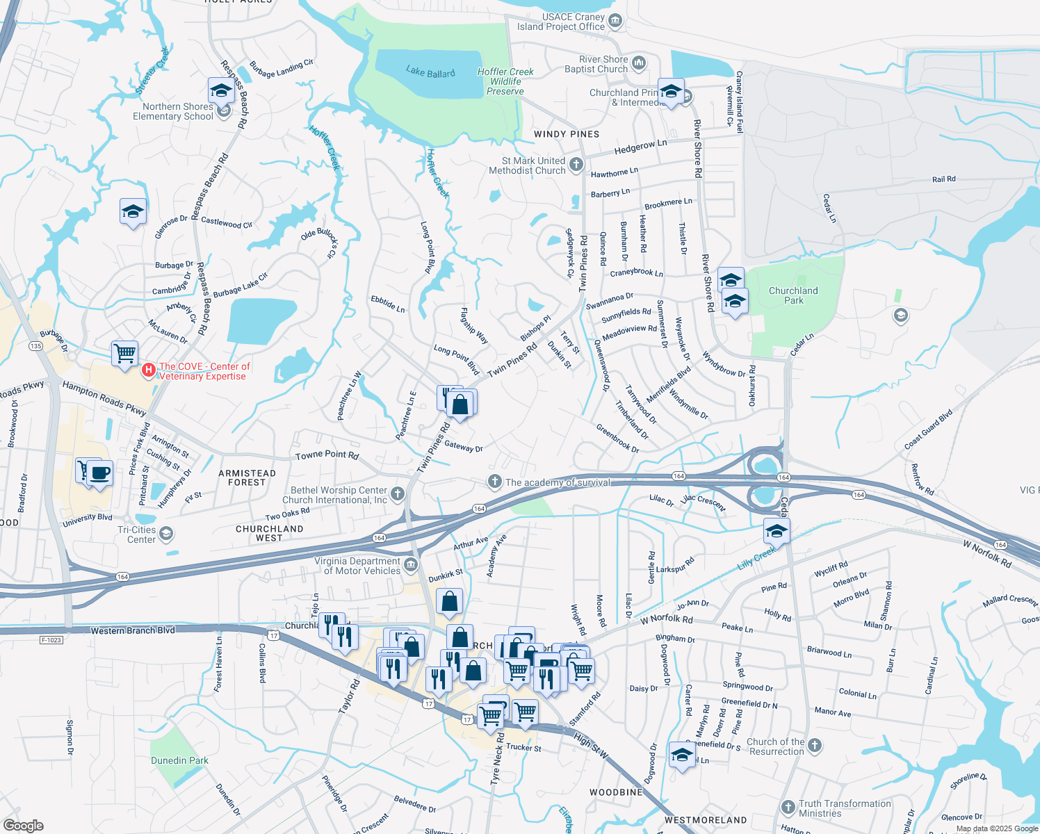 map of restaurants, bars, coffee shops, grocery stores, and more near 3508 Willow Breeze Drive in Portsmouth