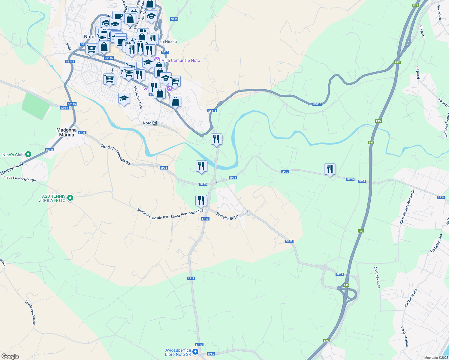 map of restaurants, bars, coffee shops, grocery stores, and more near Strada Provinciale 35 in Libero consorzio comunale di Siracusa