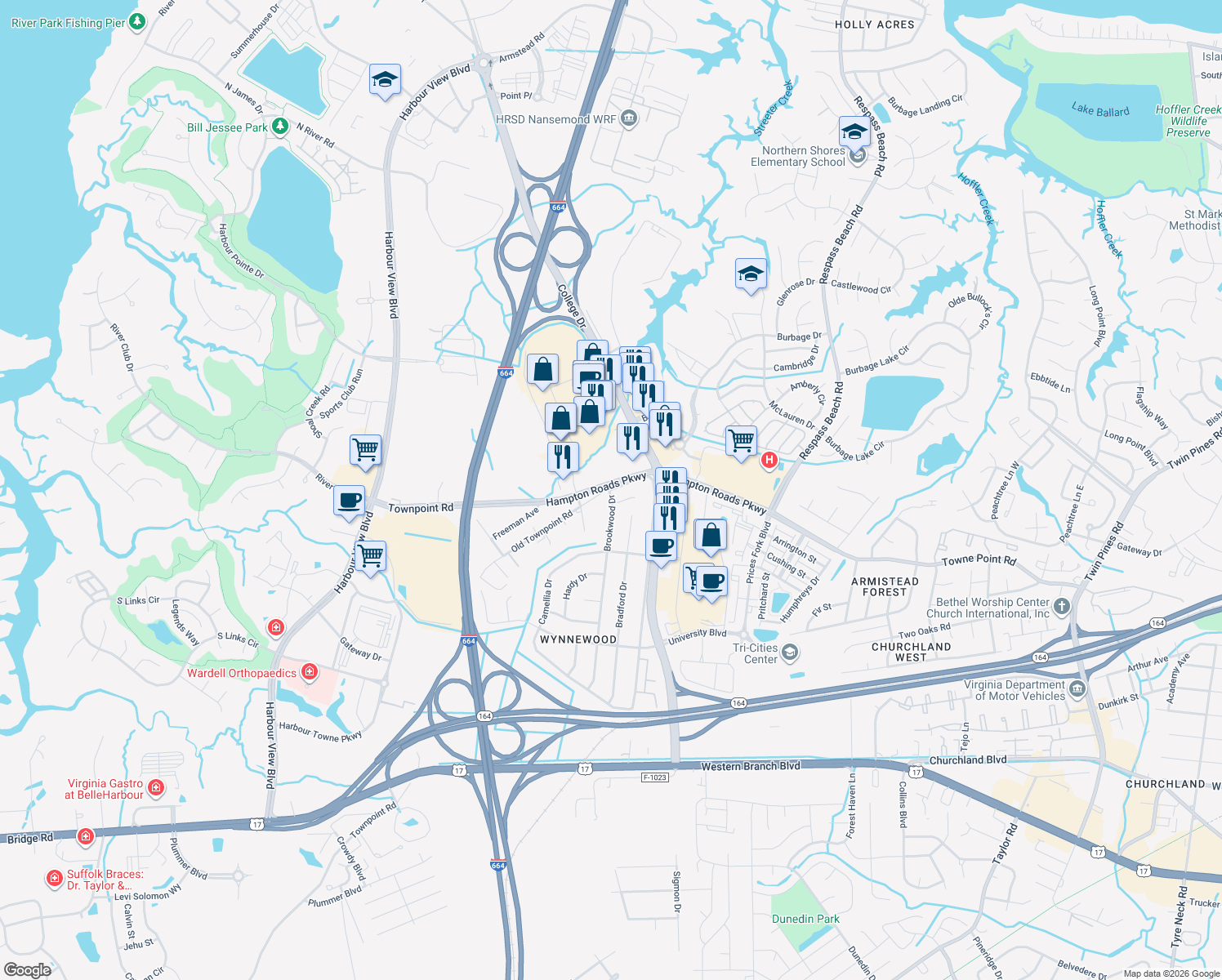 map of restaurants, bars, coffee shops, grocery stores, and more near 6273 Old Townpoint Road in Suffolk
