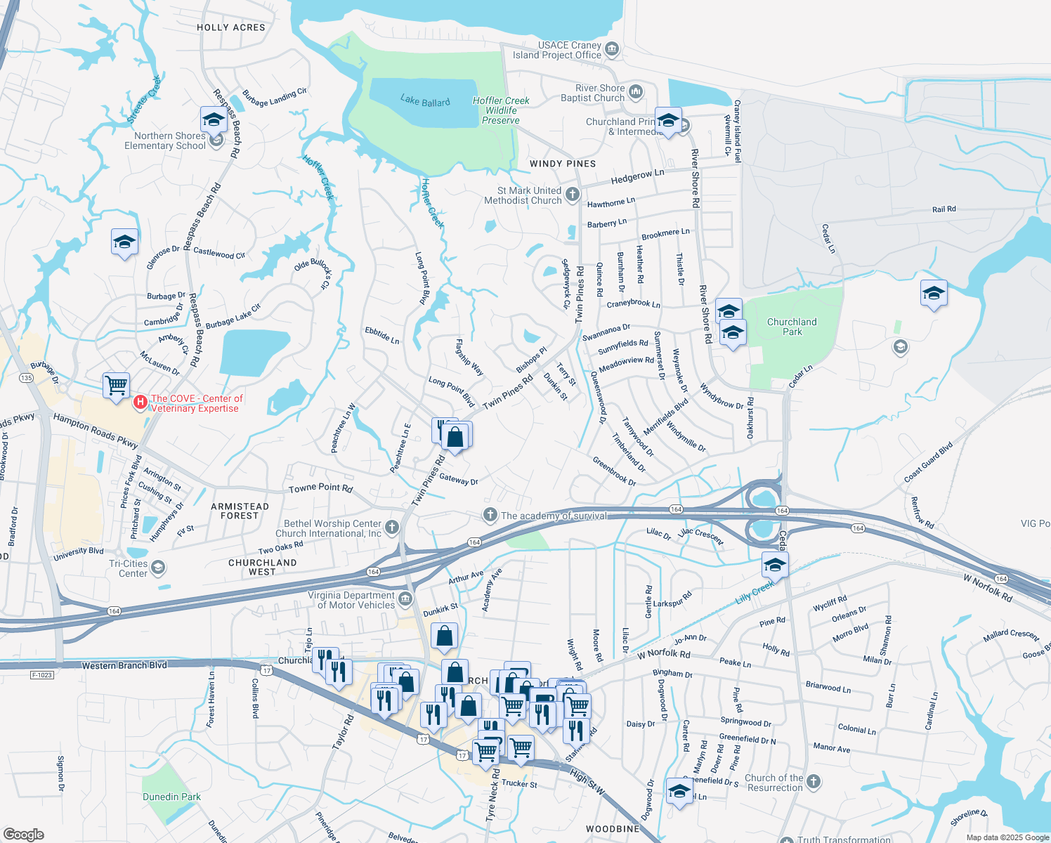 map of restaurants, bars, coffee shops, grocery stores, and more near 3428 Willow Breeze Drive in Portsmouth