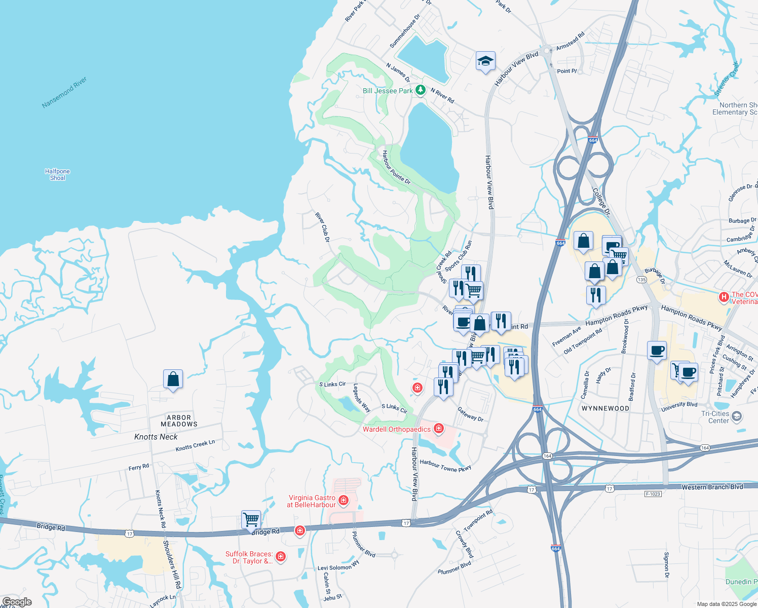 map of restaurants, bars, coffee shops, grocery stores, and more near 5107 Sunrise Court in Suffolk
