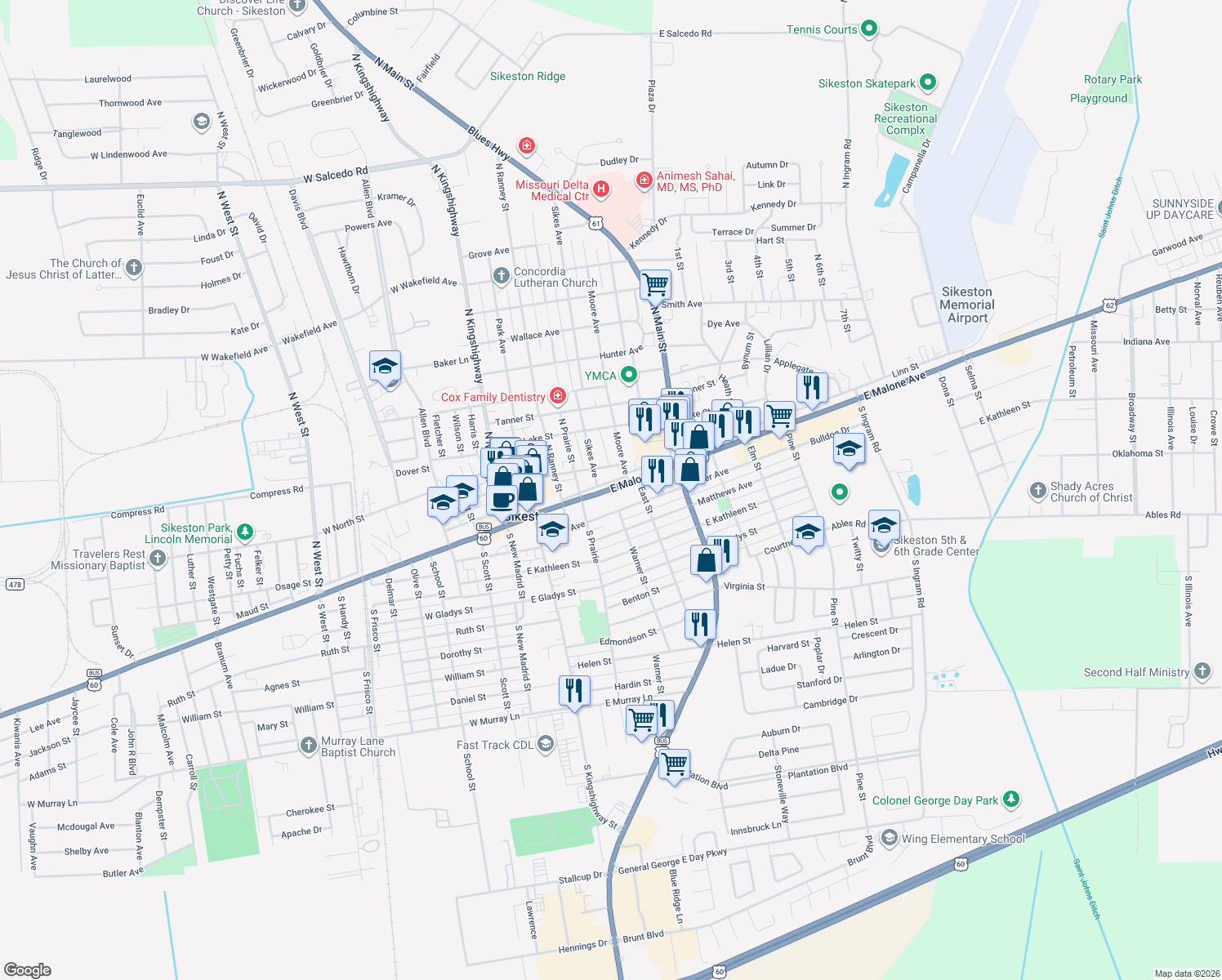 map of restaurants, bars, coffee shops, grocery stores, and more near 403 East Malone Avenue in Sikeston