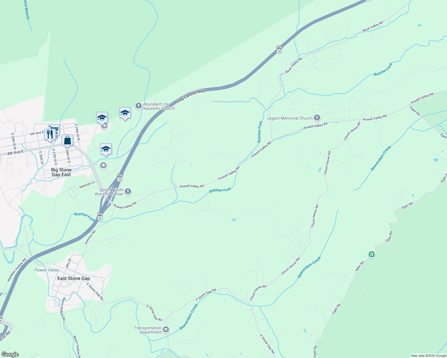 map of restaurants, bars, coffee shops, grocery stores, and more near 4540 Powell Valley Road in Big Stone Gap