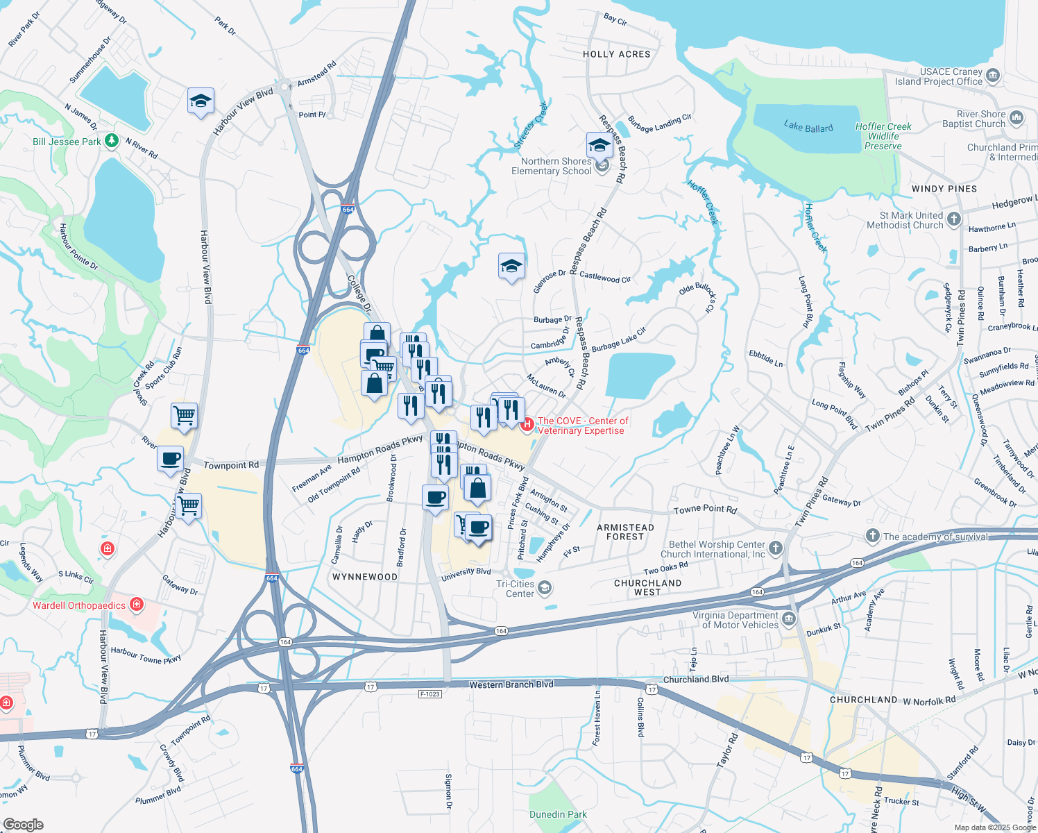 map of restaurants, bars, coffee shops, grocery stores, and more near 136 Stoney Ridge Avenue in Suffolk