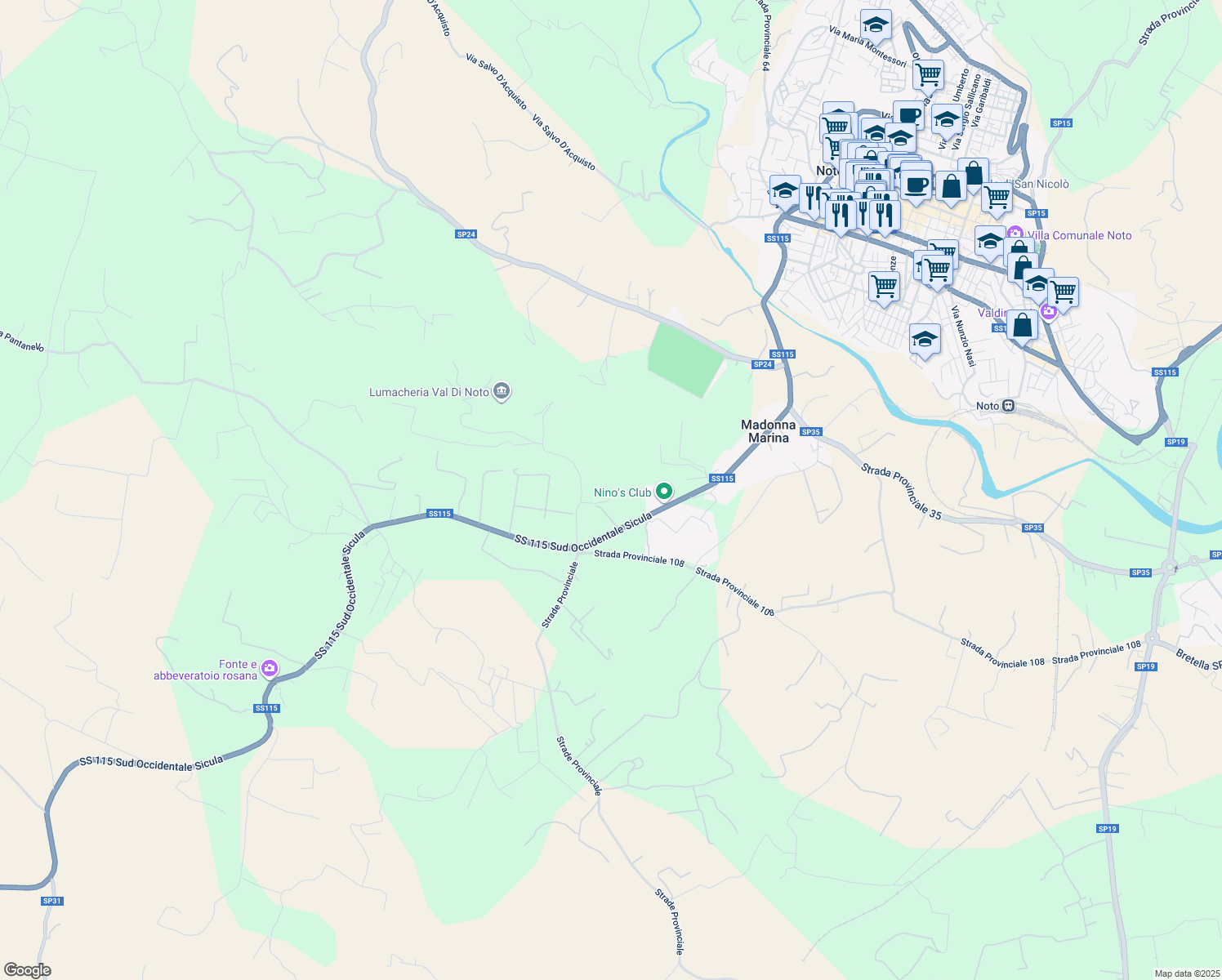 map of restaurants, bars, coffee shops, grocery stores, and more near Strada Statale 115 in Provincia di Siracusa