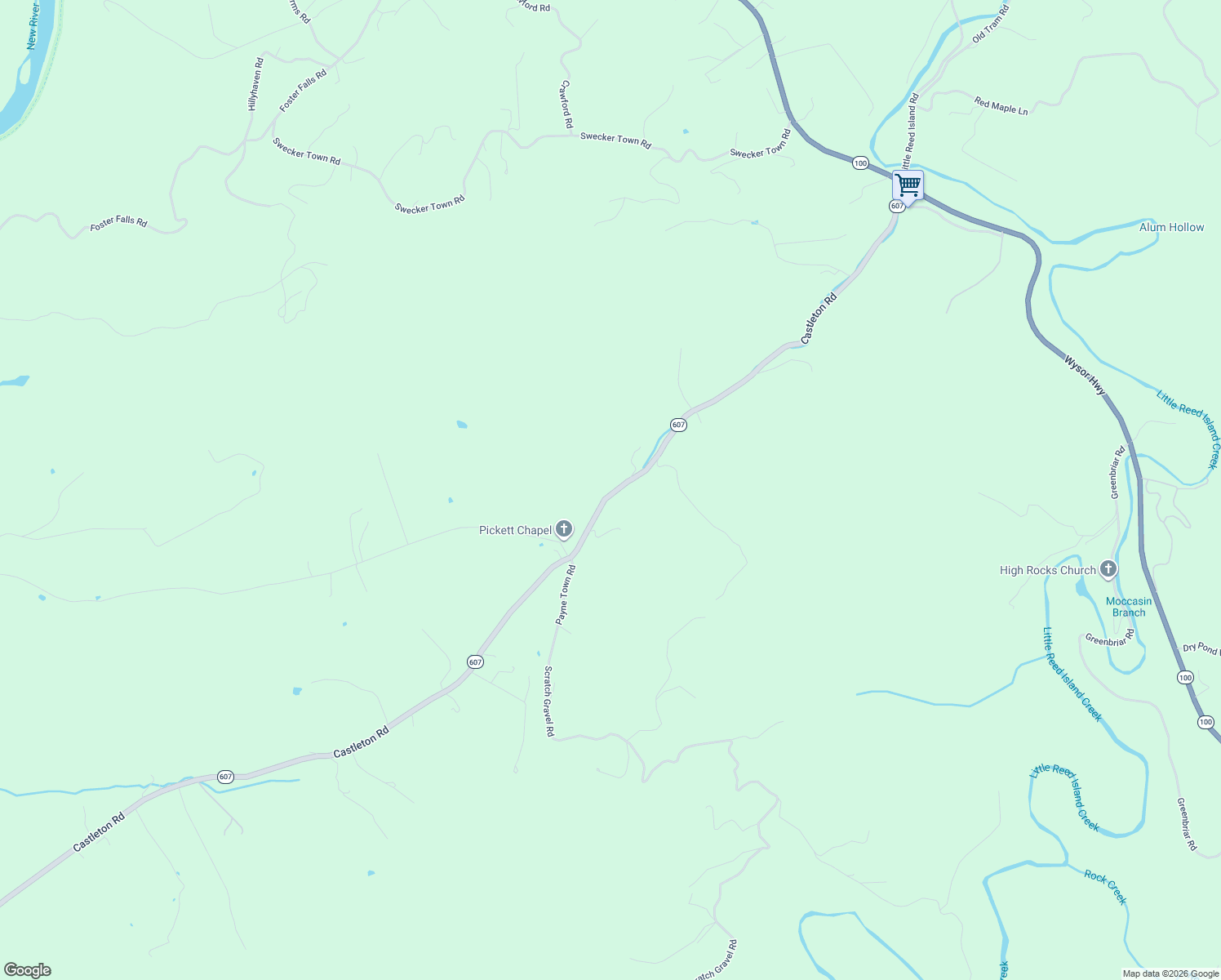 map of restaurants, bars, coffee shops, grocery stores, and more near 2162 Castleton Road in Max Meadows