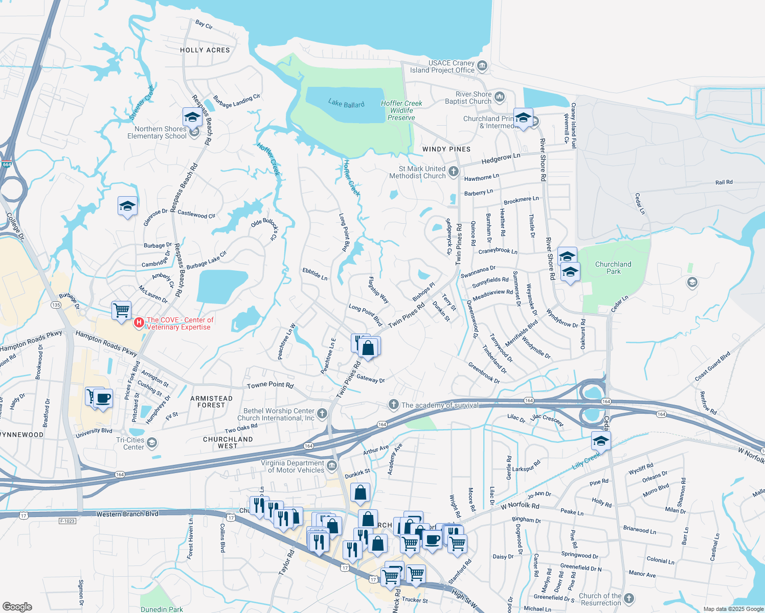 map of restaurants, bars, coffee shops, grocery stores, and more near 4008 Clipper Ln in Portsmouth