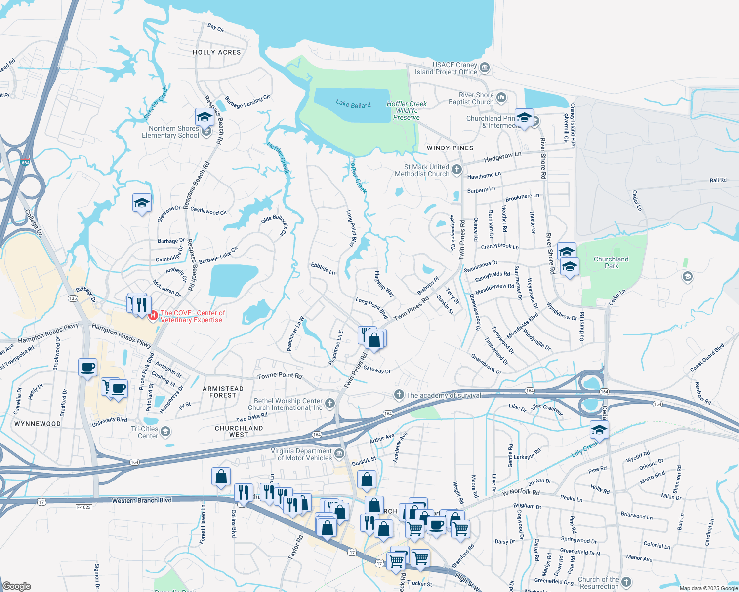 map of restaurants, bars, coffee shops, grocery stores, and more near 3812 Fleet Court in Portsmouth