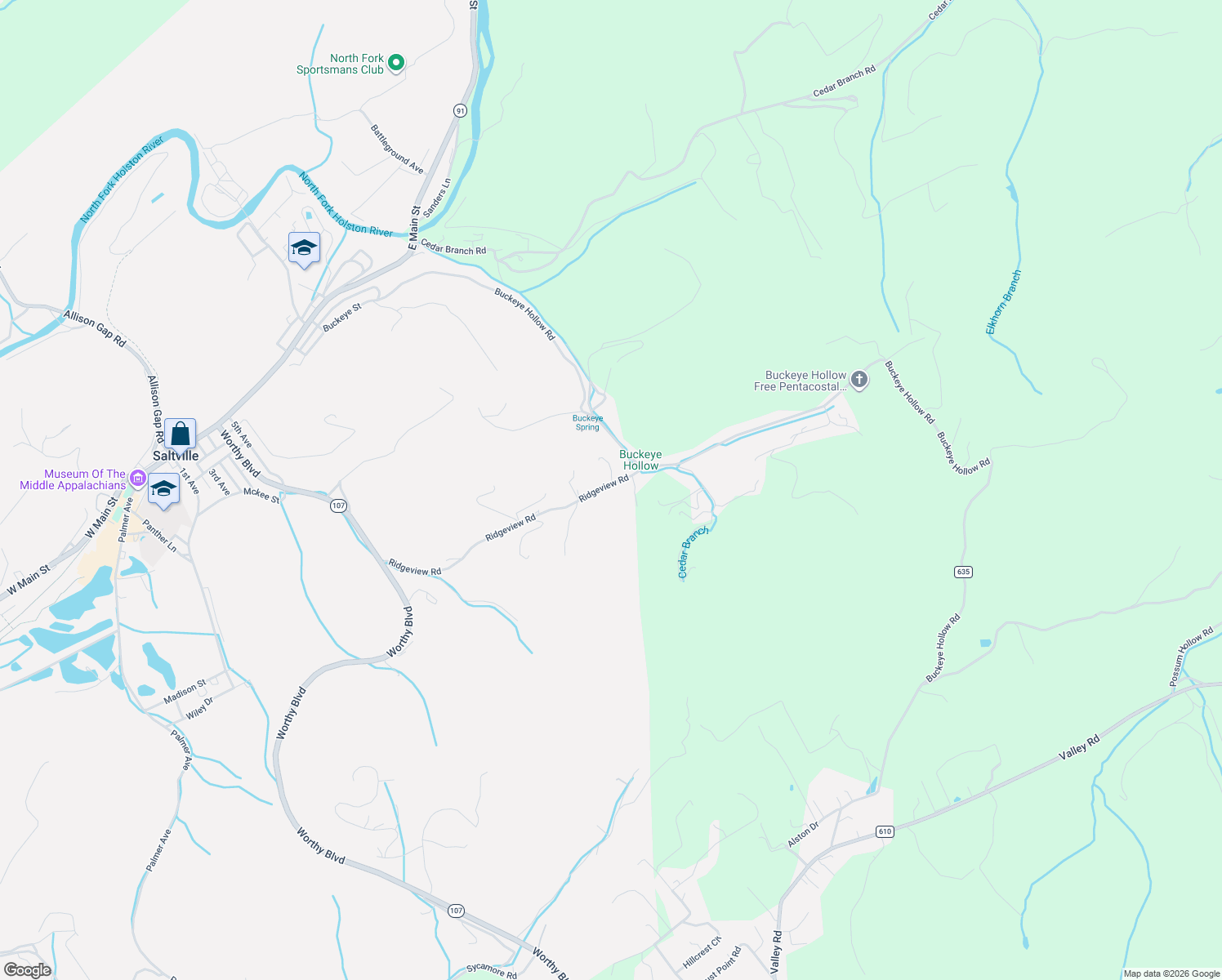 map of restaurants, bars, coffee shops, grocery stores, and more near 601-619 Ridgeview Road in Saltville