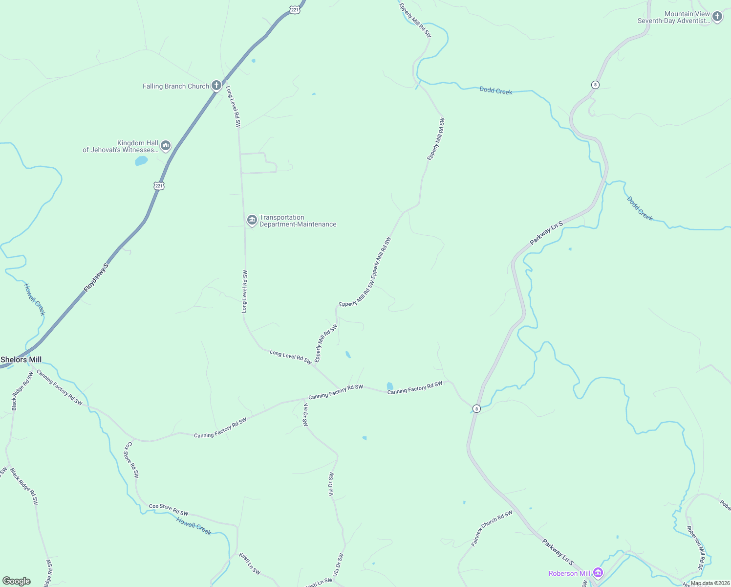map of restaurants, bars, coffee shops, grocery stores, and more near 1250-1428 Epperly Mill Road Southwest in Floyd