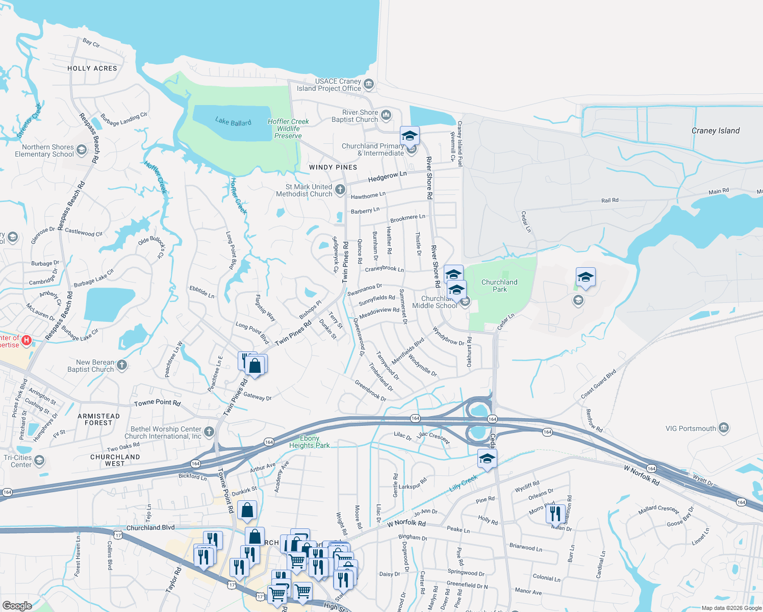 map of restaurants, bars, coffee shops, grocery stores, and more near 4120 Meadowview Road in Portsmouth