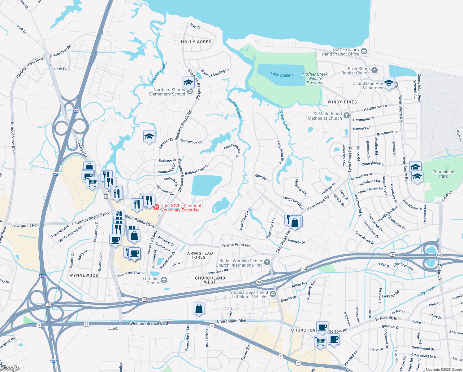 map of restaurants, bars, coffee shops, grocery stores, and more near 6734 Burbage Lake Circle in Suffolk