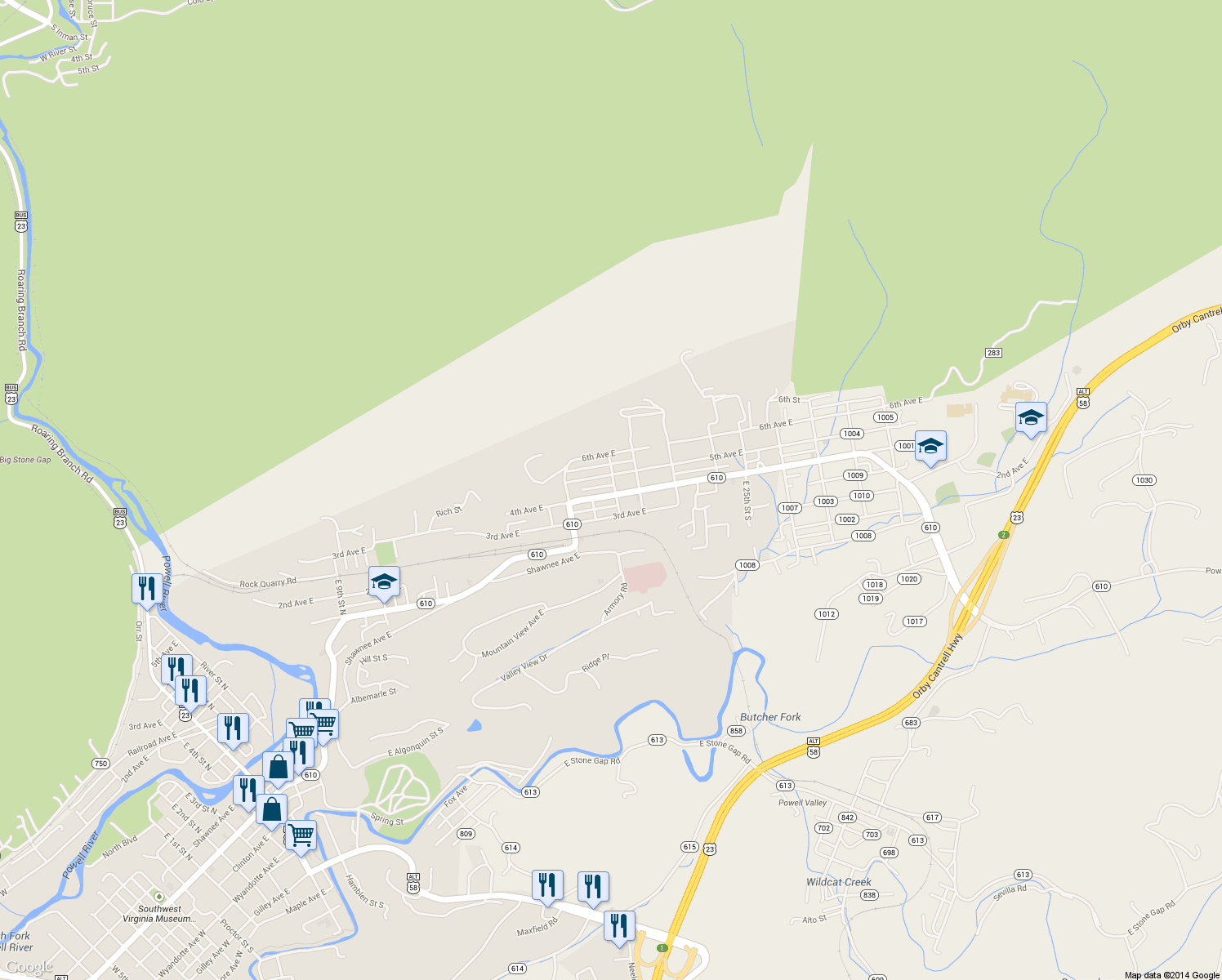 map of restaurants, bars, coffee shops, grocery stores, and more near 2021 4th Ave E in Big Stone Gap
