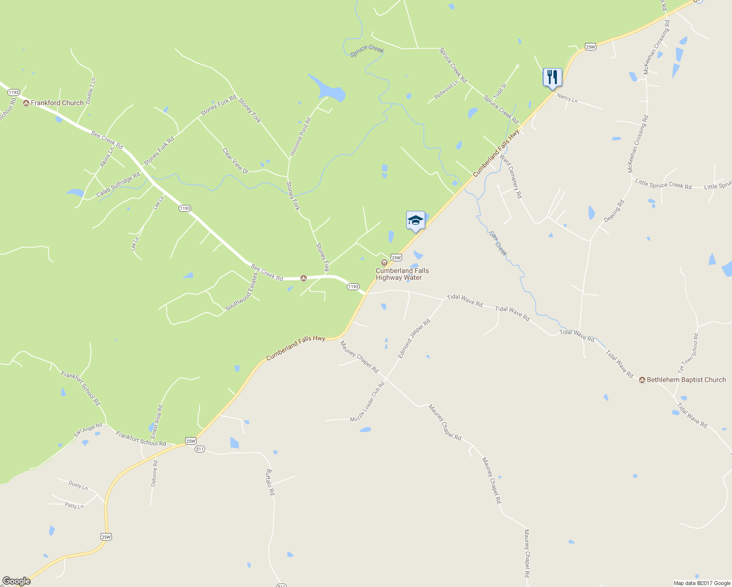 map of restaurants, bars, coffee shops, grocery stores, and more near 7261 Cumberland Falls Highway in Corbin