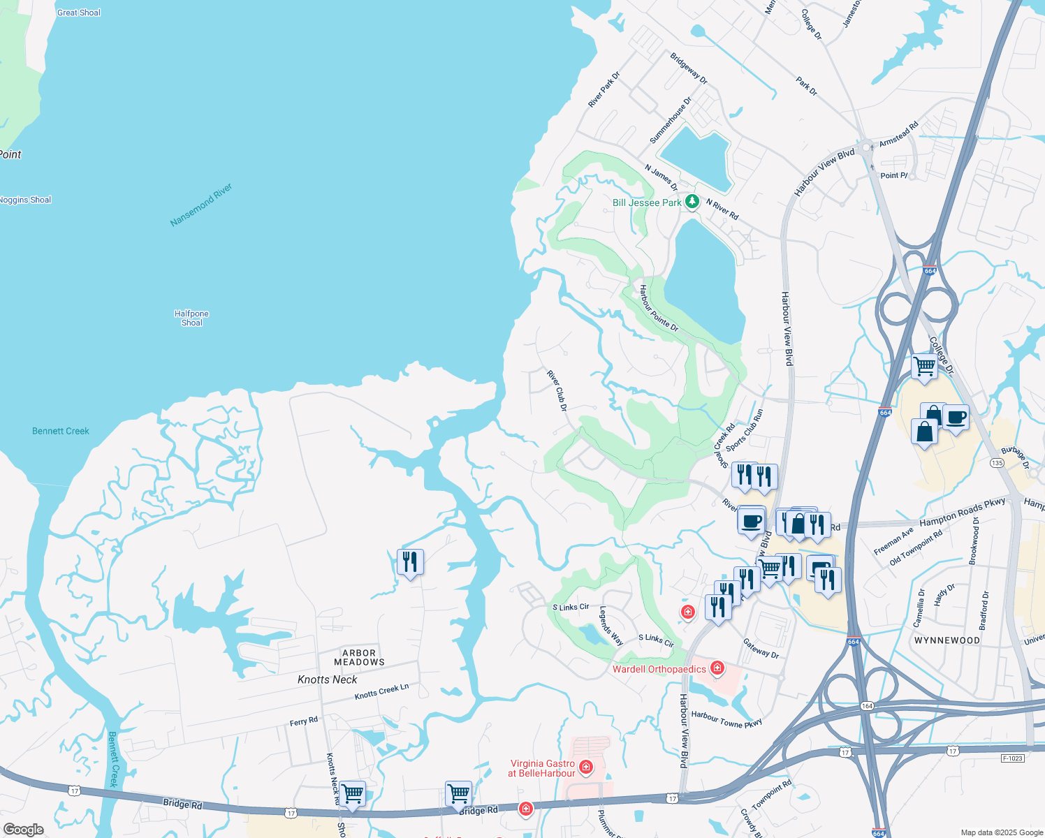 map of restaurants, bars, coffee shops, grocery stores, and more near 5214 Commodore Bluff in Suffolk