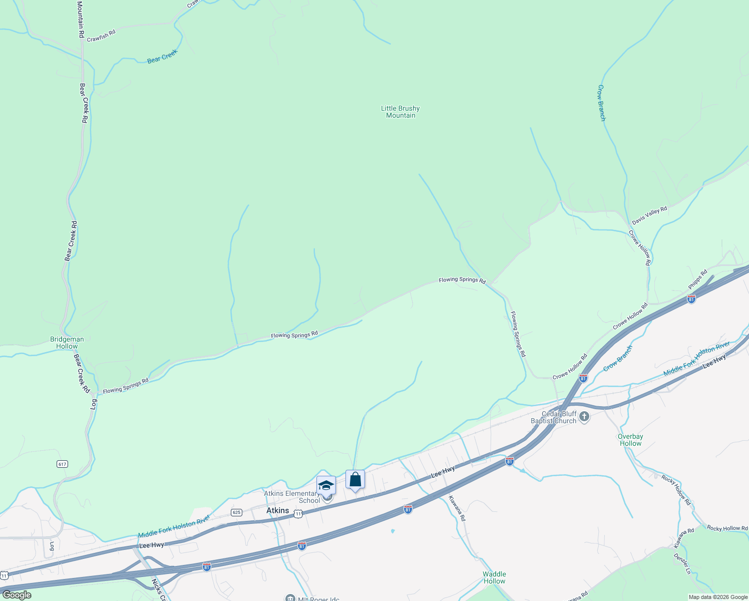 map of restaurants, bars, coffee shops, grocery stores, and more near 739 Flowing Springs Road in Atkins