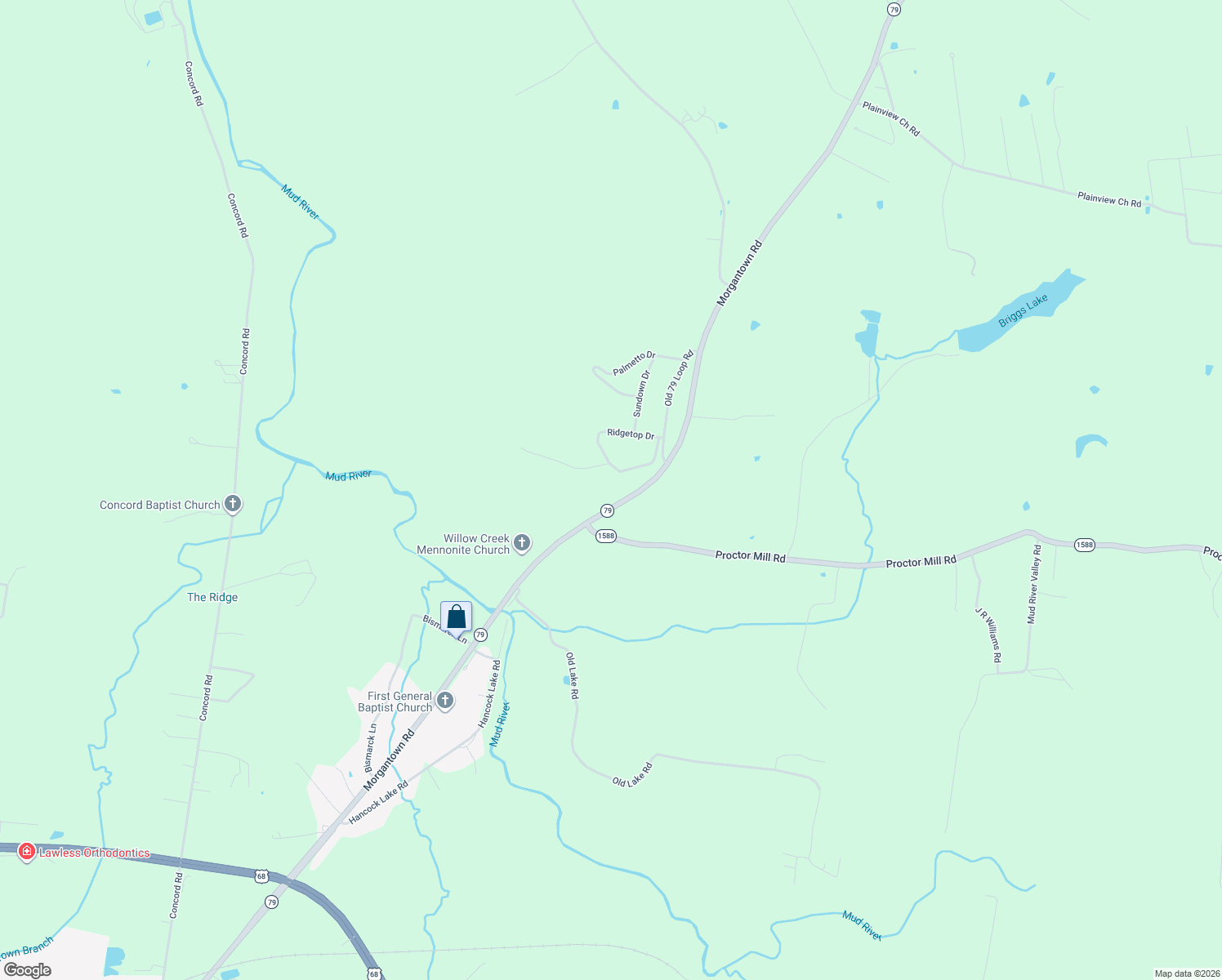 map of restaurants, bars, coffee shops, grocery stores, and more near 69-77 Highridge Drive in Russellville