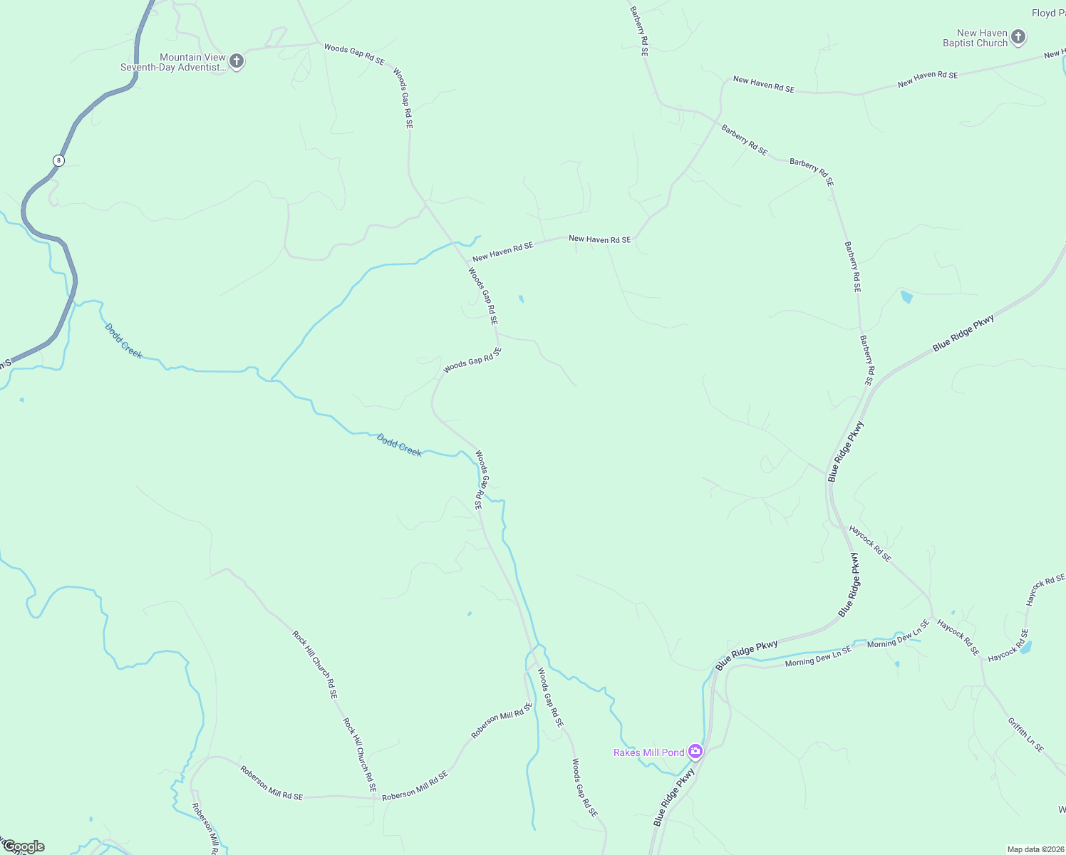map of restaurants, bars, coffee shops, grocery stores, and more near 1521 Woods Gap Road Southeast in Floyd