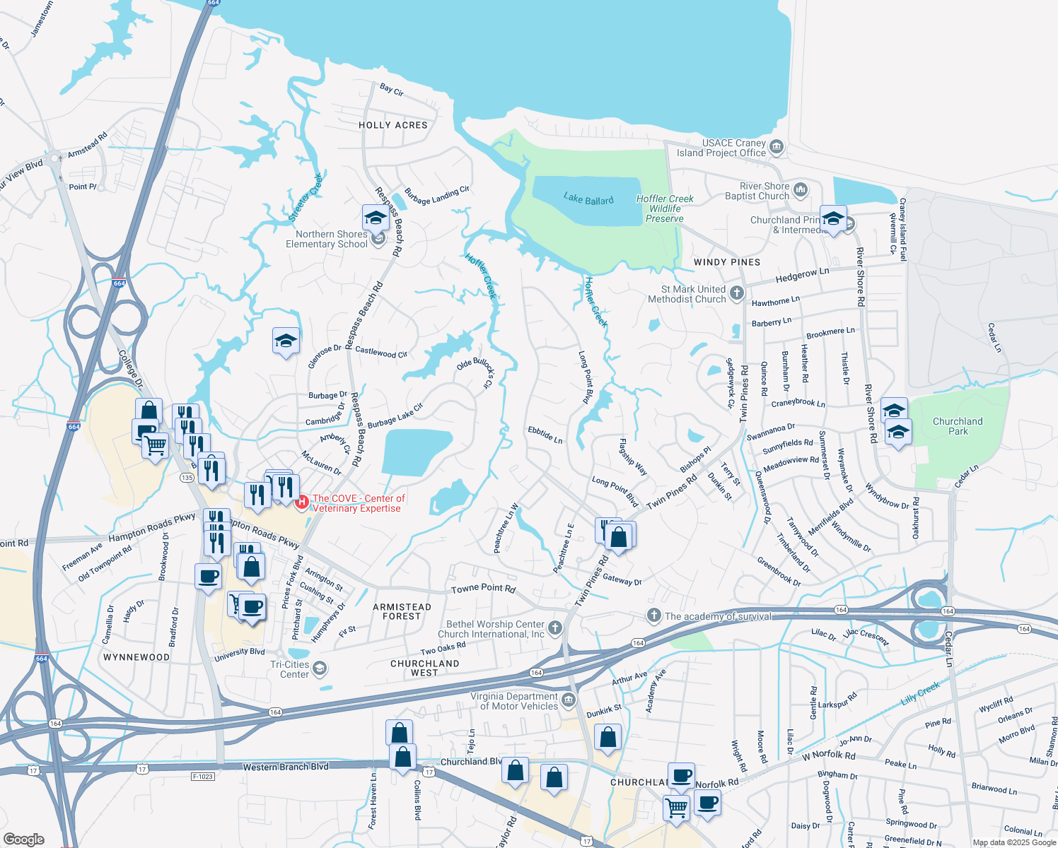 map of restaurants, bars, coffee shops, grocery stores, and more near 4029 Ebbtide Lane in Portsmouth