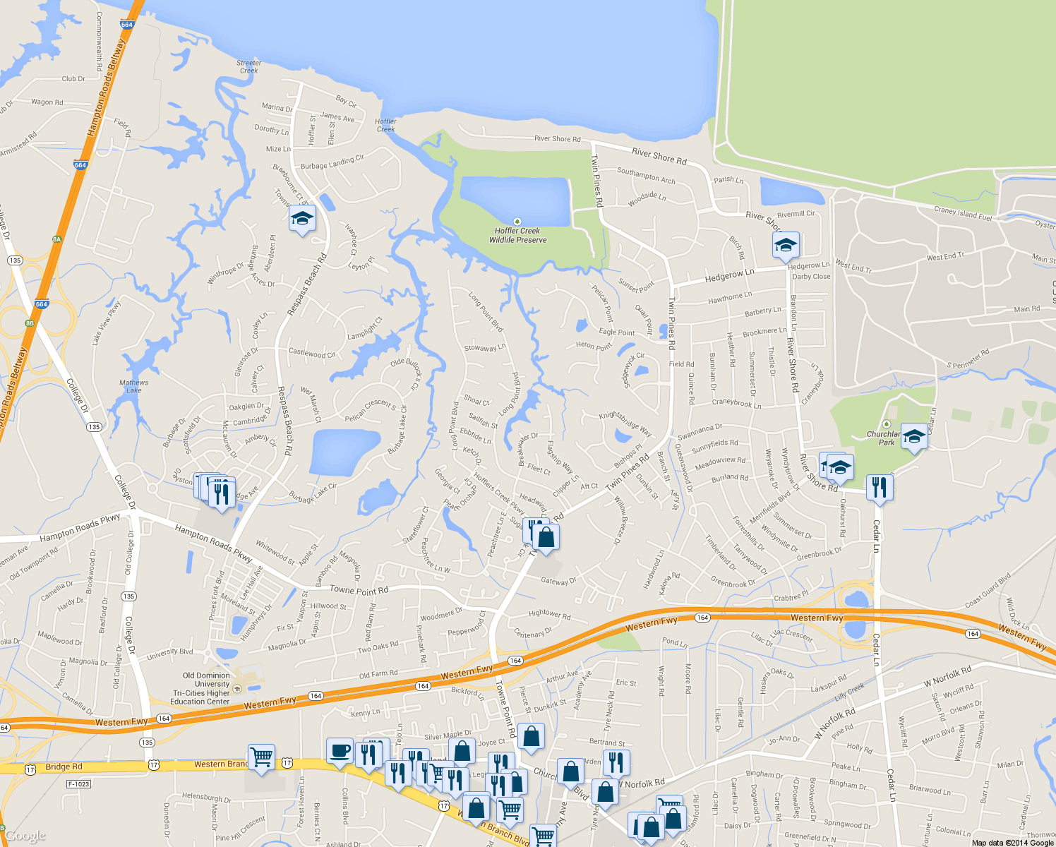 map of restaurants, bars, coffee shops, grocery stores, and more near 4036 Breakwater Drive in Portsmouth