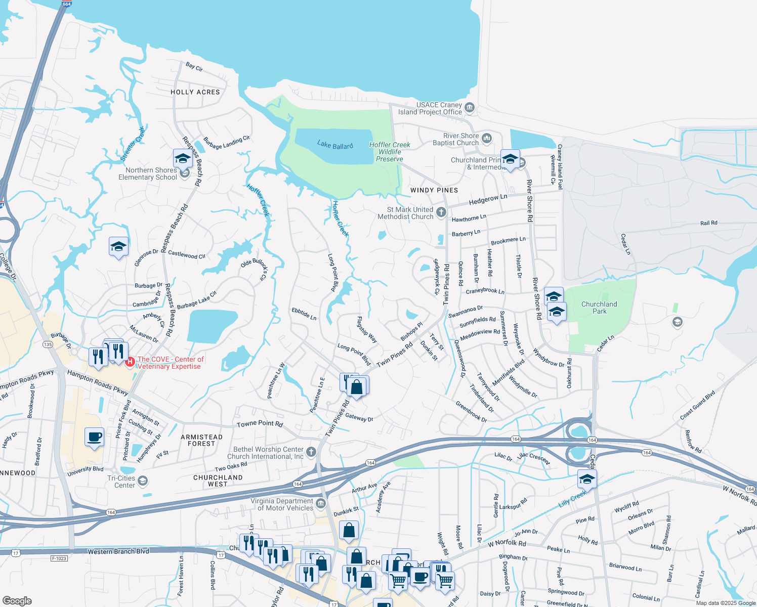 map of restaurants, bars, coffee shops, grocery stores, and more near 6 Keswick Ct in Portsmouth