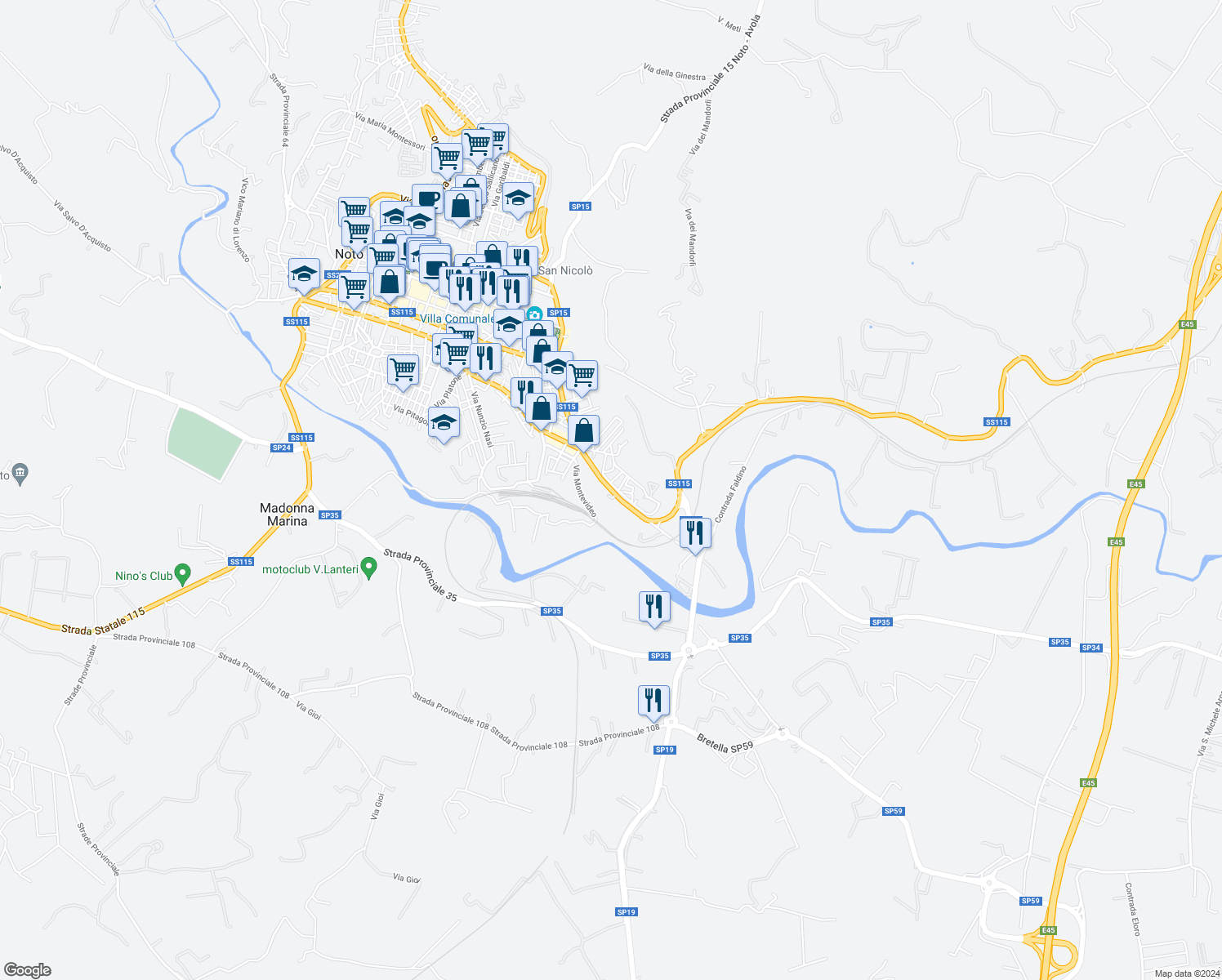 map of restaurants, bars, coffee shops, grocery stores, and more near 38 Via Confalonieri Corrado in Noto