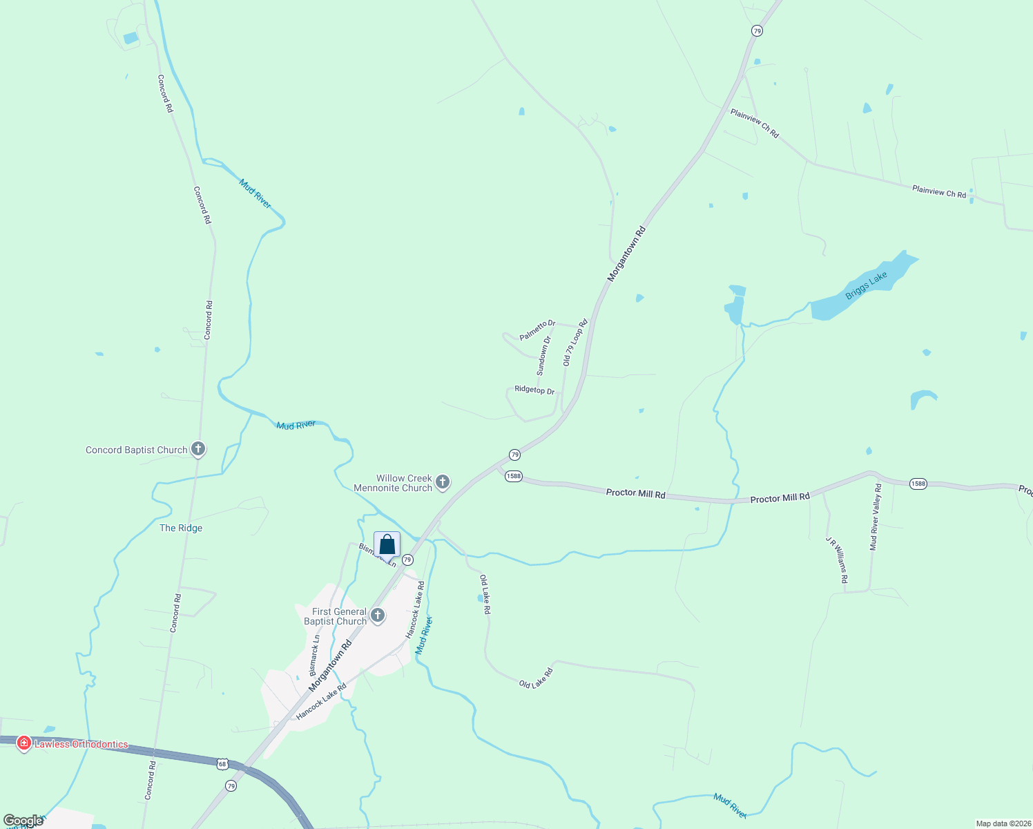 map of restaurants, bars, coffee shops, grocery stores, and more near 69 Highridge Drive in Russellville
