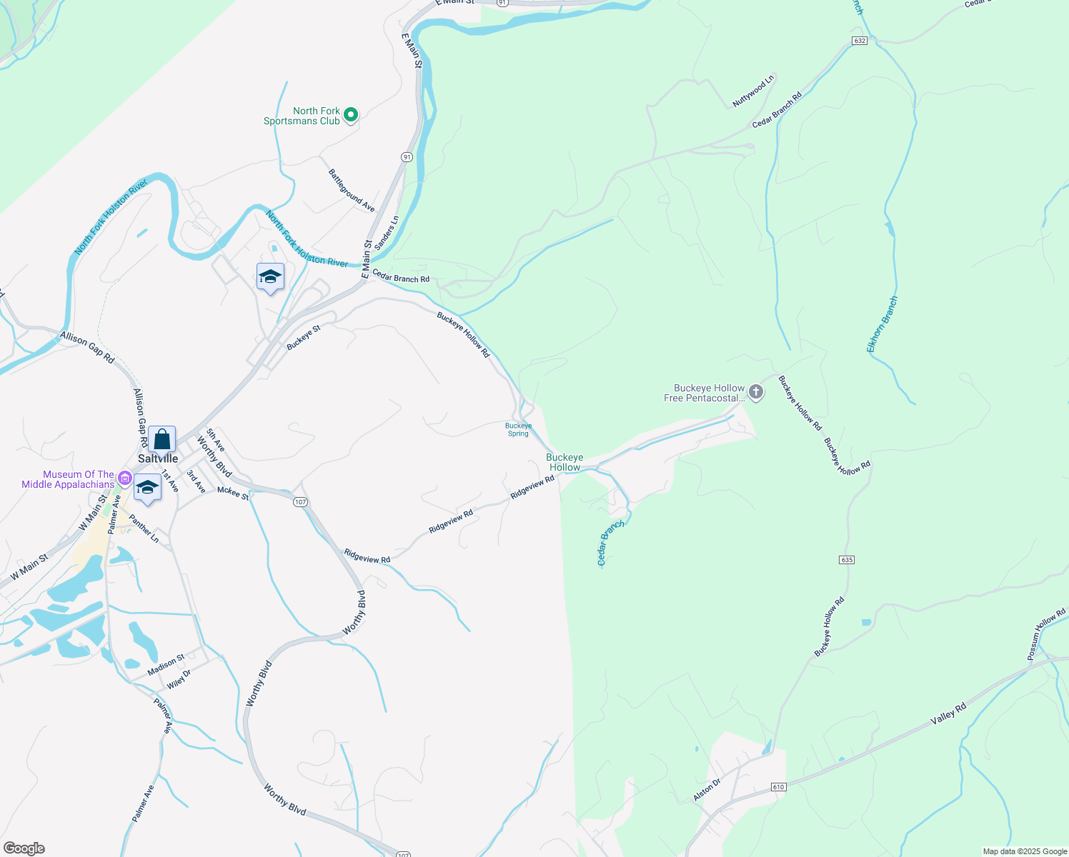 map of restaurants, bars, coffee shops, grocery stores, and more near 435 Buckeye Hollow Road in Saltville