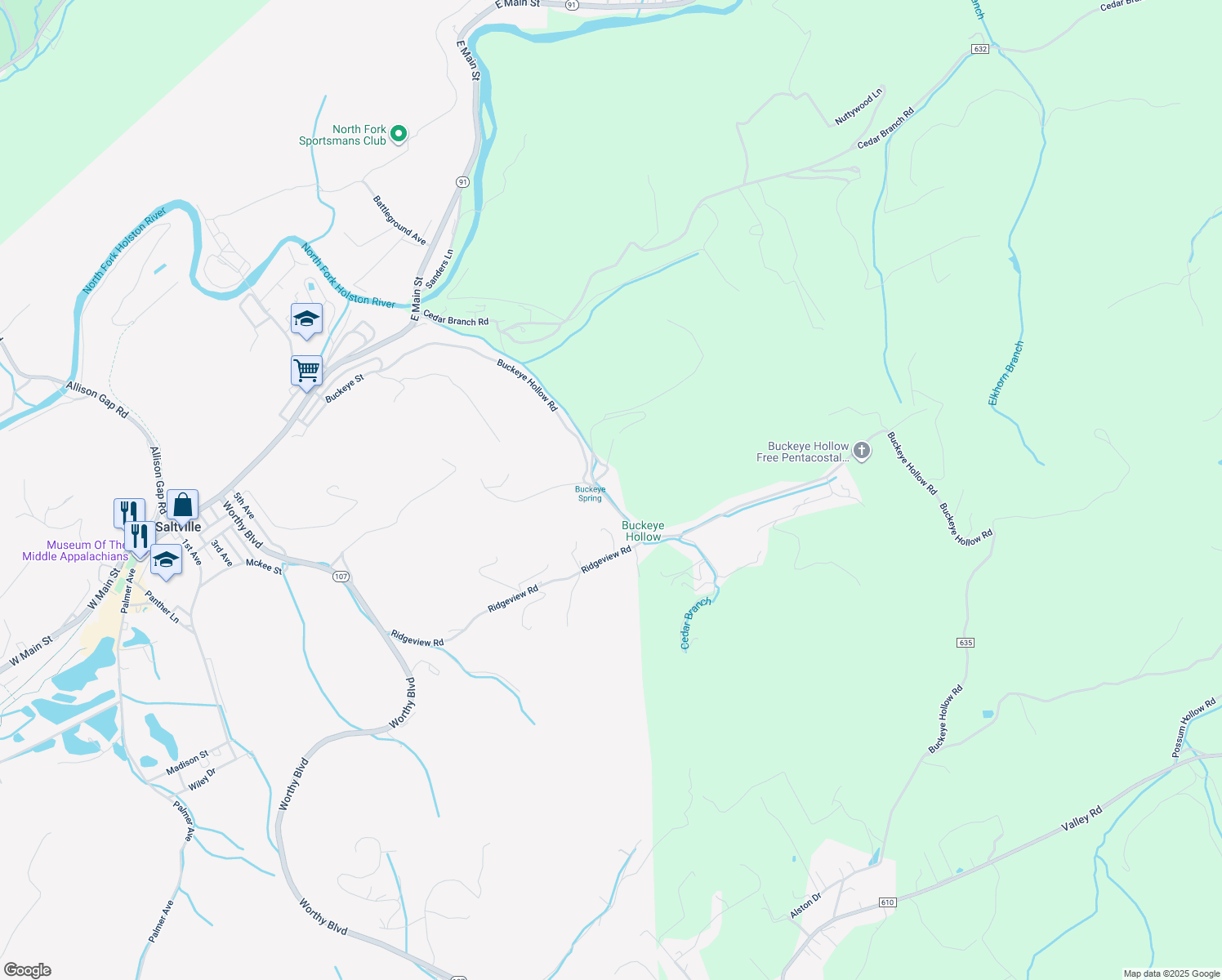 map of restaurants, bars, coffee shops, grocery stores, and more near 435 Buckeye Hollow Road in Saltville