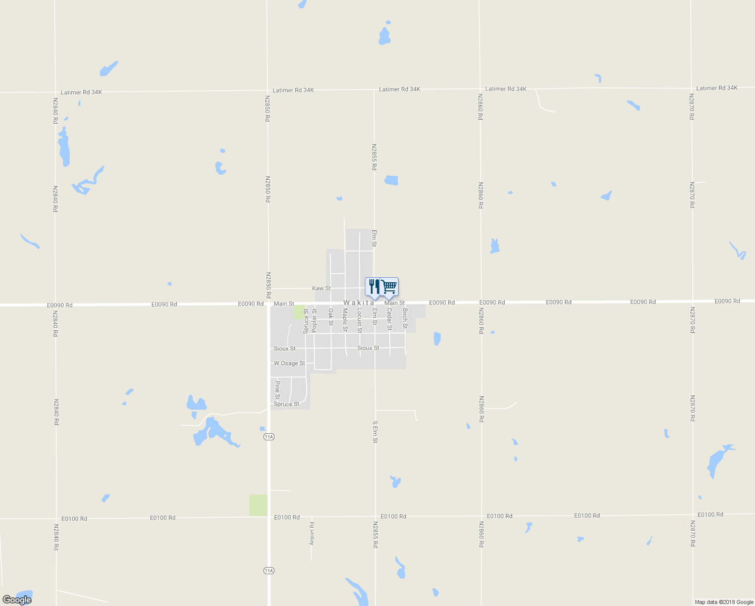 map of restaurants, bars, coffee shops, grocery stores, and more near 223 Main Street in Wakita