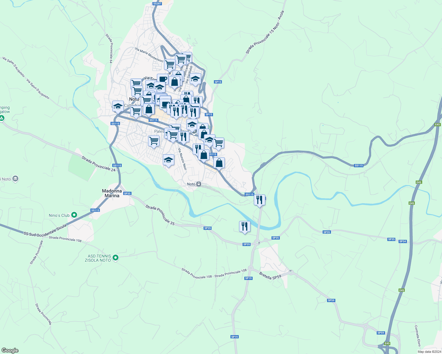 map of restaurants, bars, coffee shops, grocery stores, and more near 38 Via Confalonieri Corrado in Noto