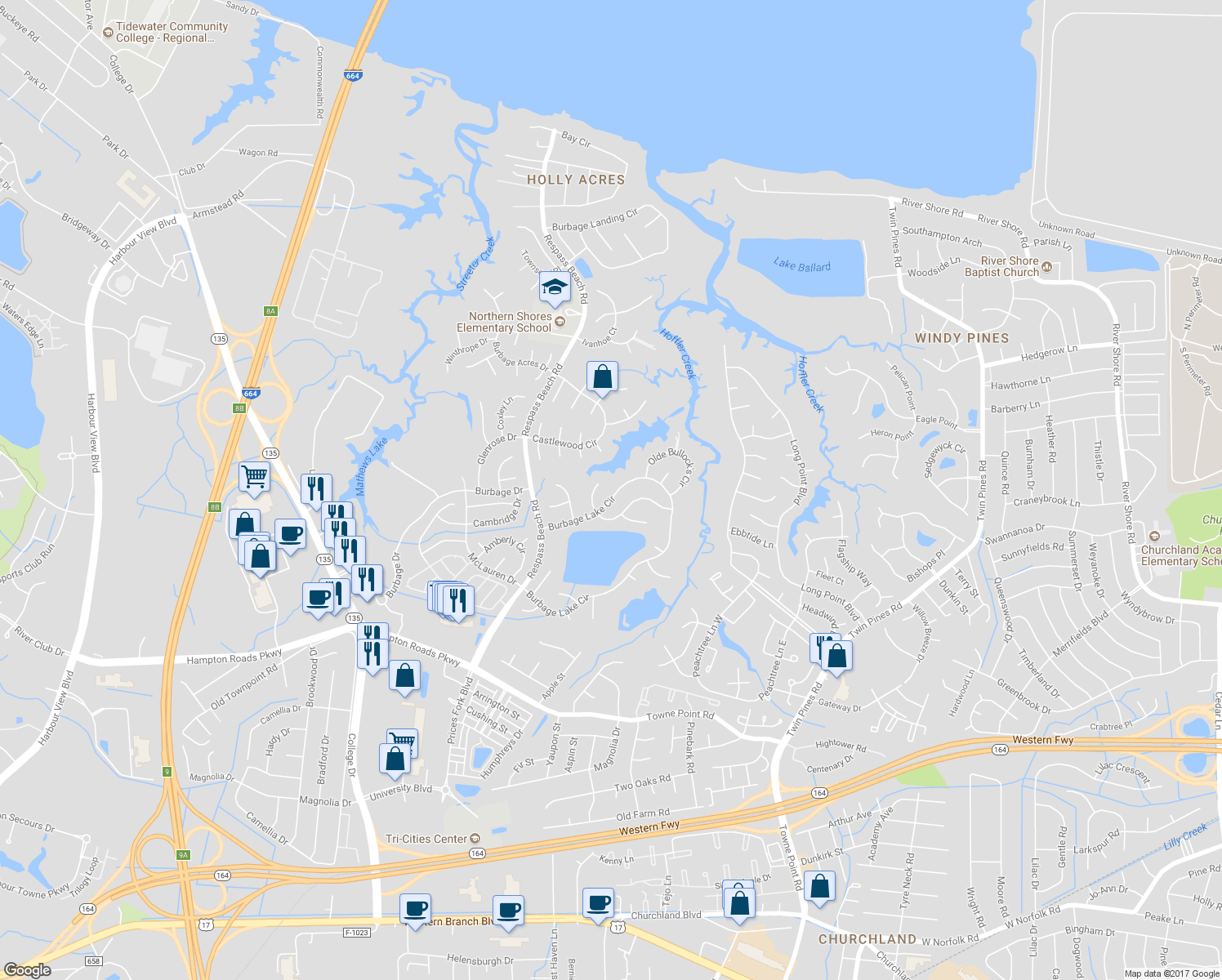 map of restaurants, bars, coffee shops, grocery stores, and more near 6782 Burbage Lake Cir in Suffolk