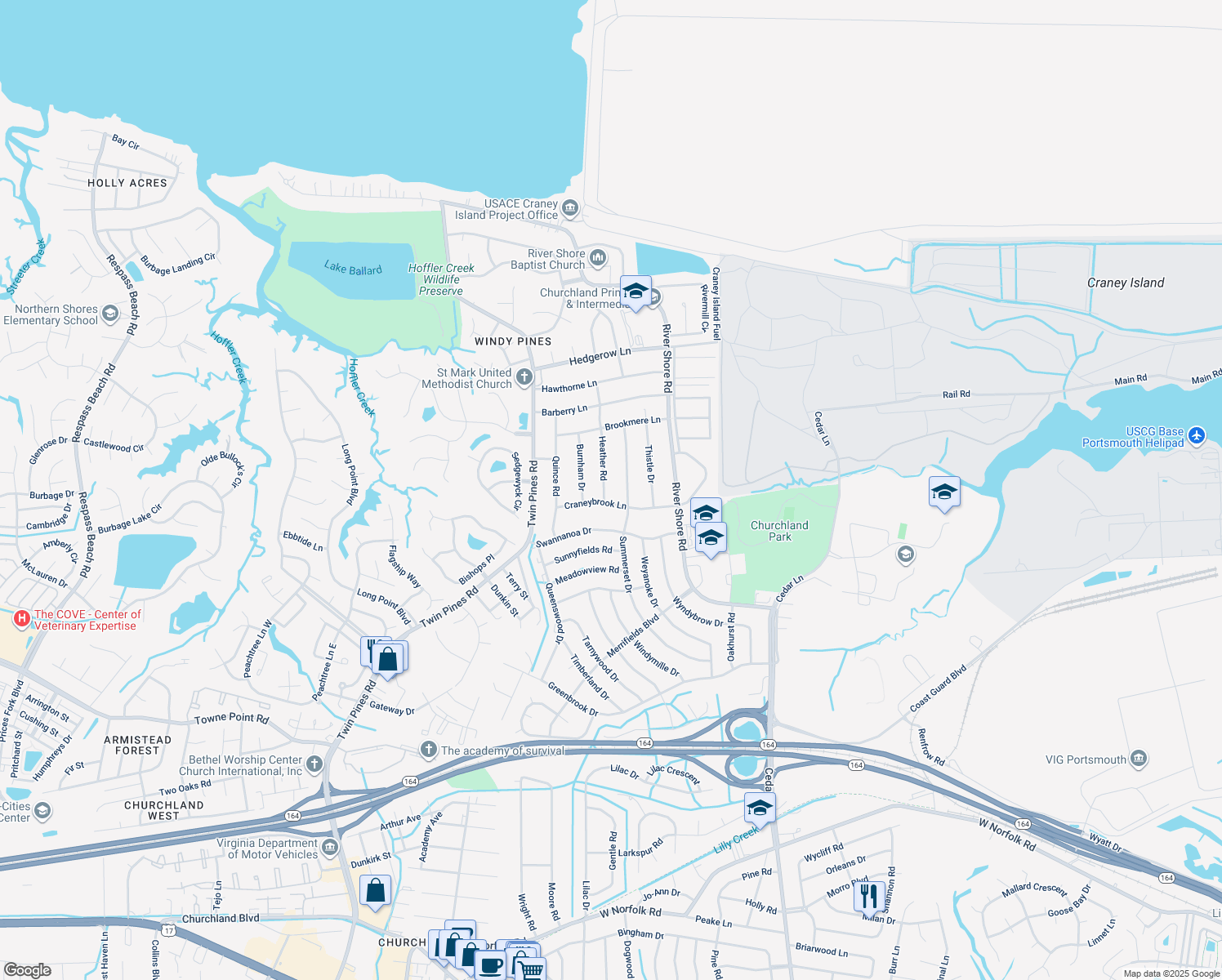 map of restaurants, bars, coffee shops, grocery stores, and more near 4205 Heather Road in Portsmouth