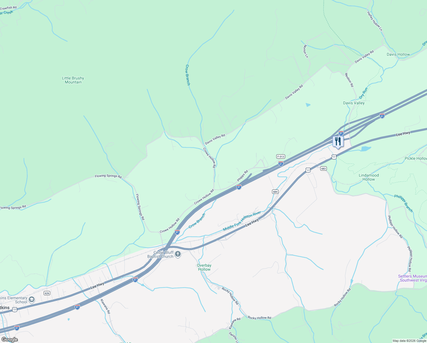 map of restaurants, bars, coffee shops, grocery stores, and more near 556 Crowe Hollow Road in Atkins