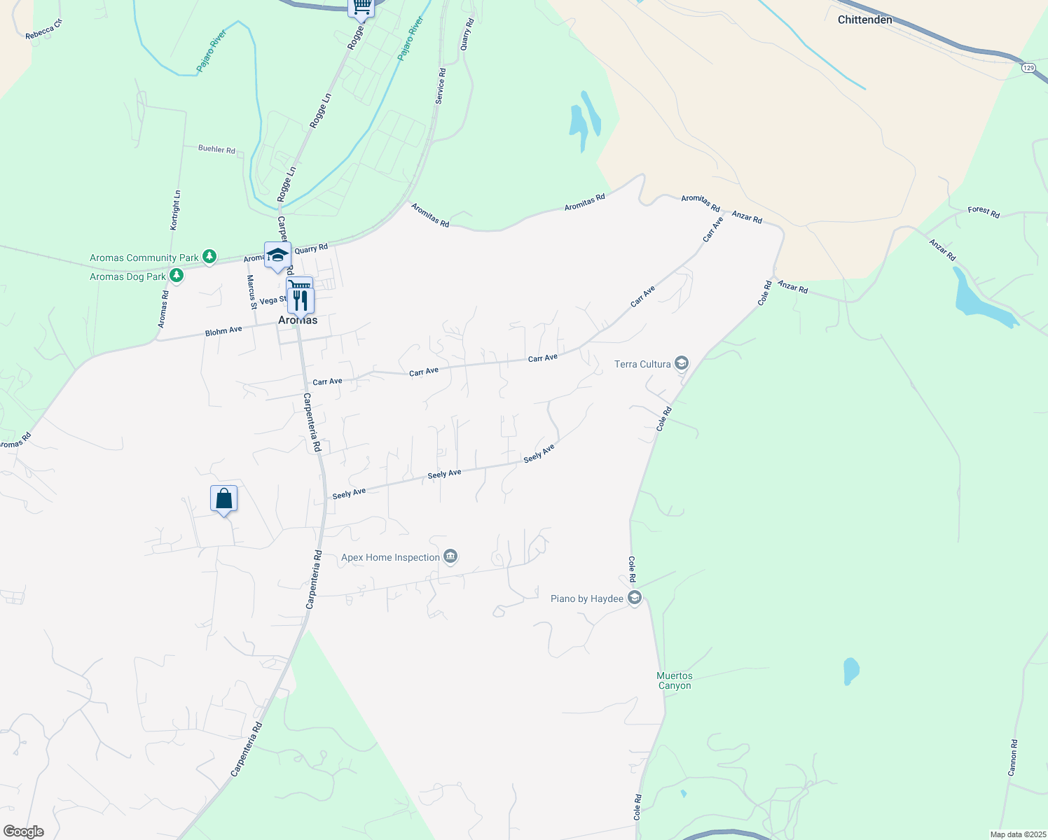 map of restaurants, bars, coffee shops, grocery stores, and more near 654 Seely Avenue in Aromas