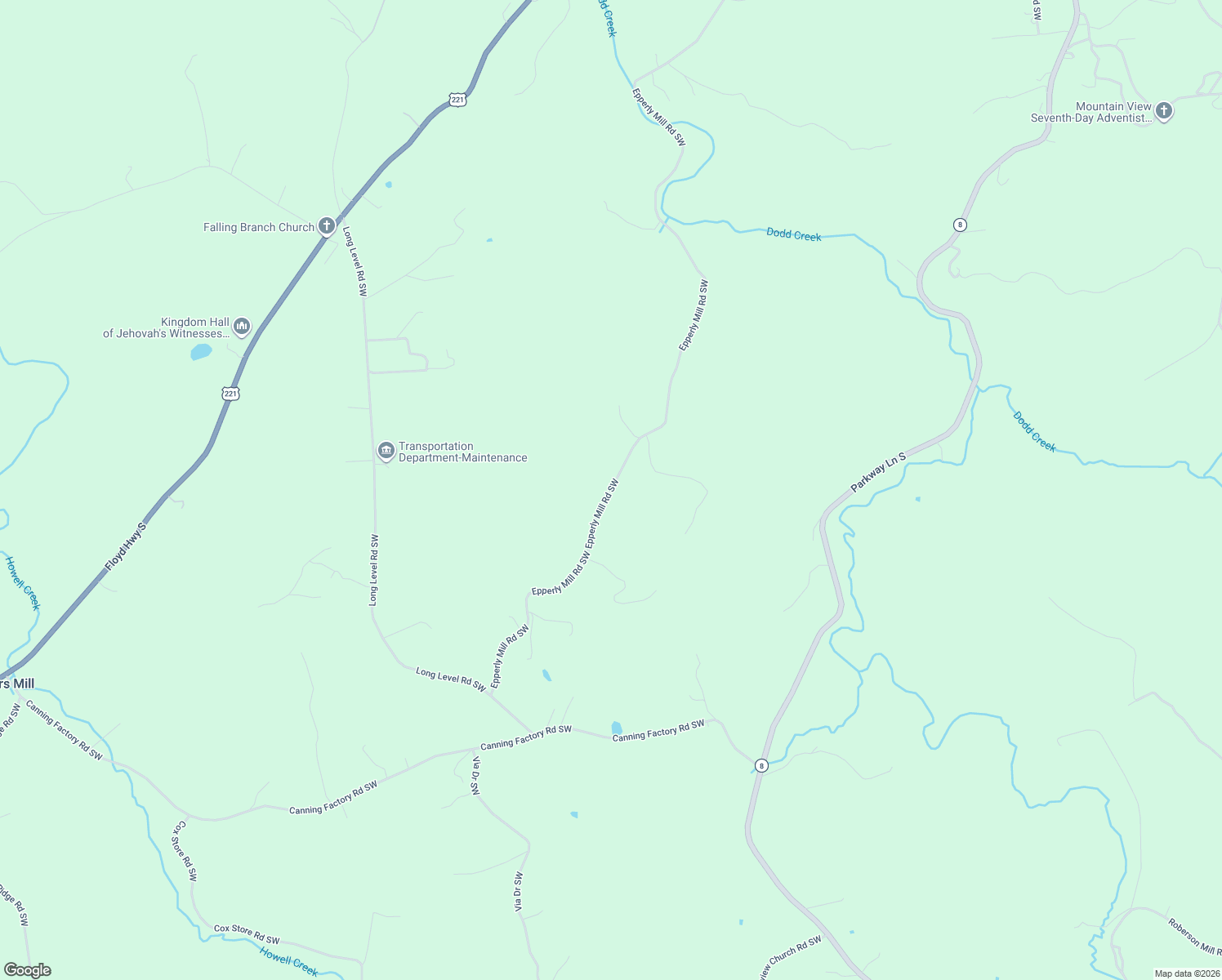 map of restaurants, bars, coffee shops, grocery stores, and more near 1250 Epperly Mill Road Southwest in Floyd