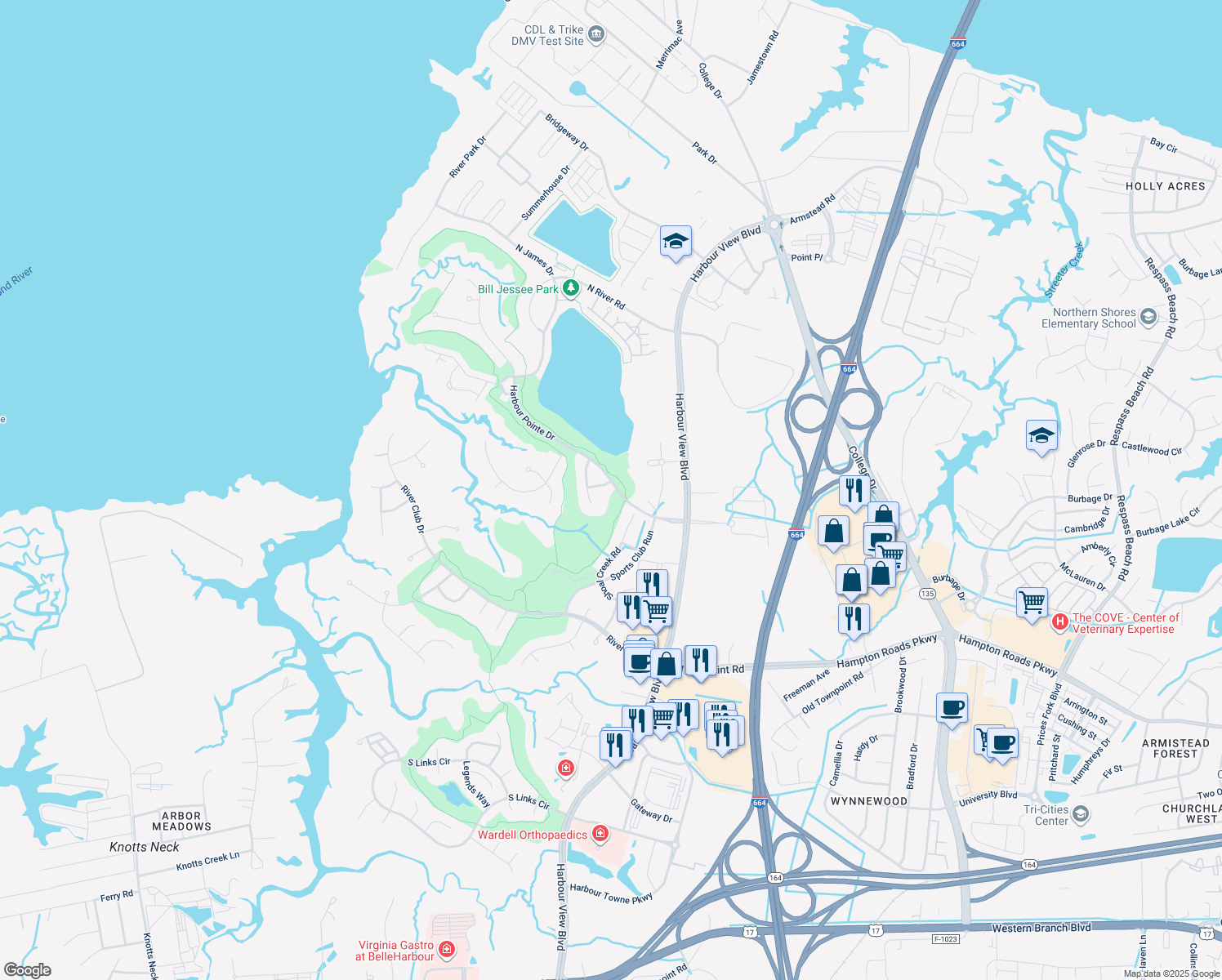 map of restaurants, bars, coffee shops, grocery stores, and more near 6207 Springhill Way in Suffolk
