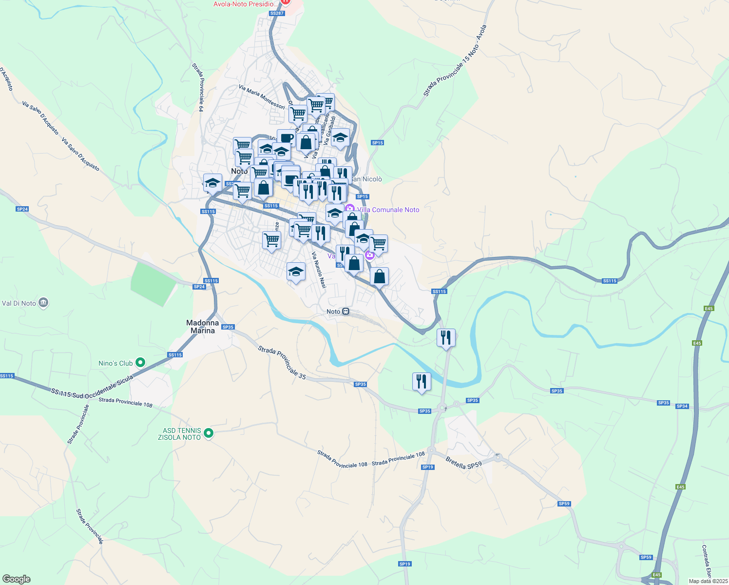 map of restaurants, bars, coffee shops, grocery stores, and more near Via Montevideo in Noto