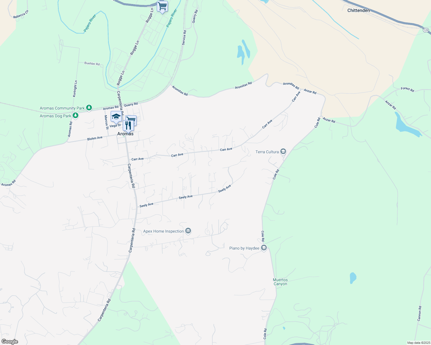 map of restaurants, bars, coffee shops, grocery stores, and more near 654 Seely Avenue in Aromas