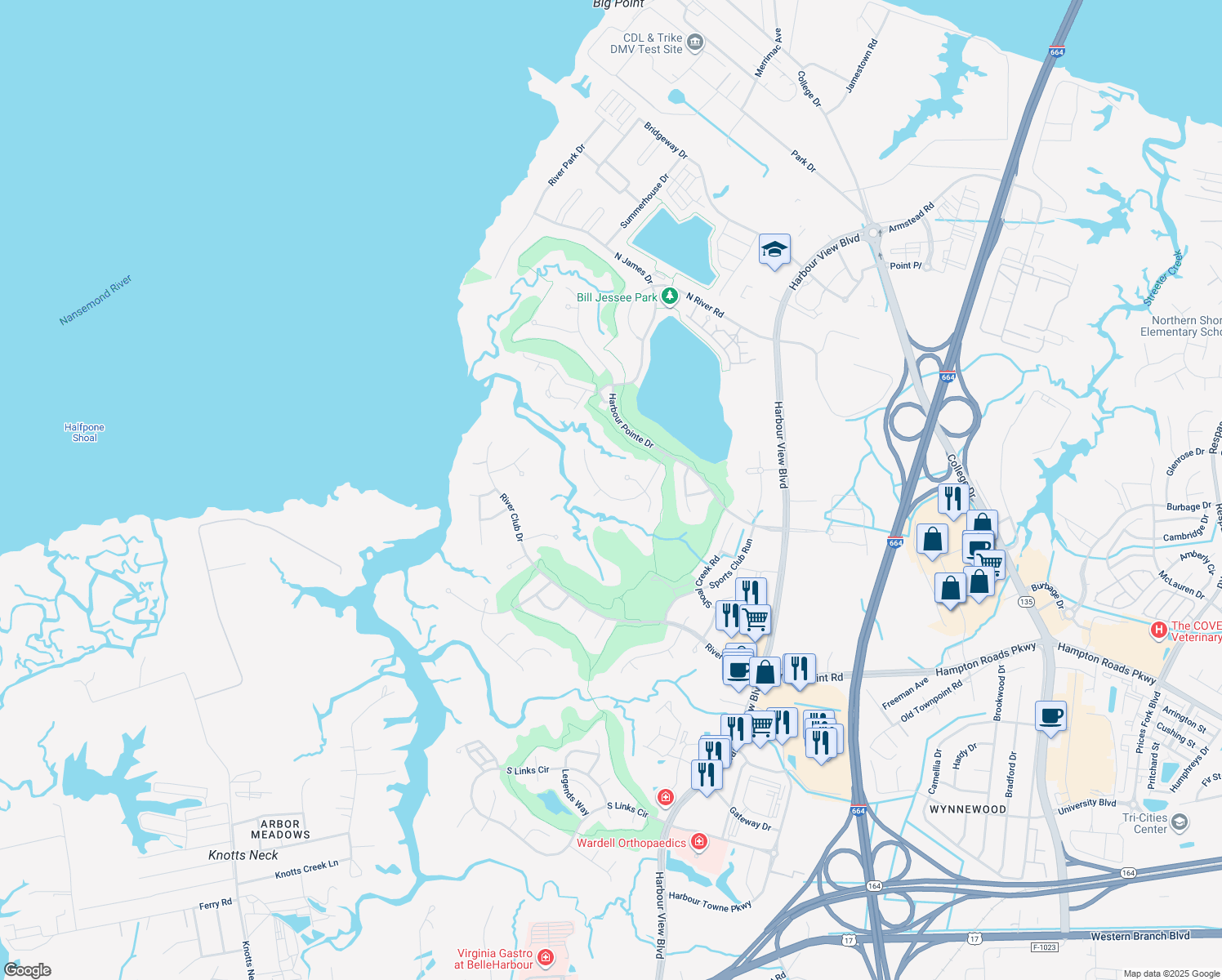 map of restaurants, bars, coffee shops, grocery stores, and more near 6018 Spinnaker Cove Court in Suffolk