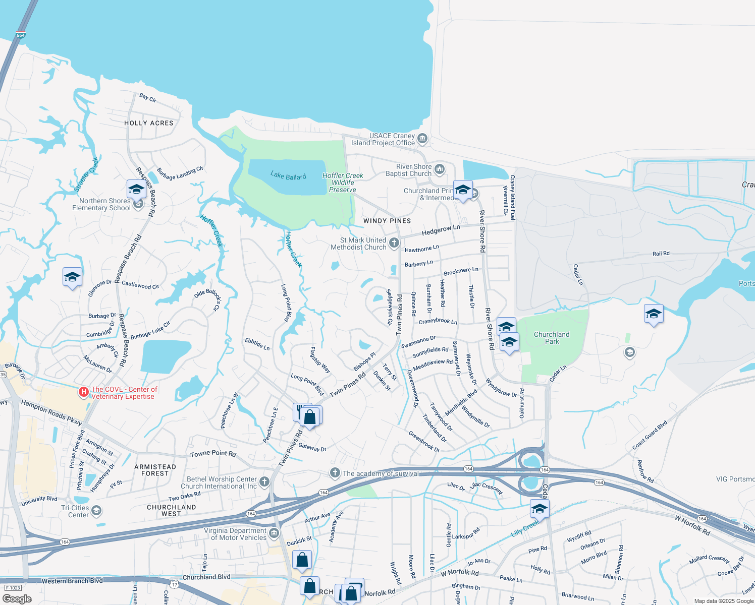 map of restaurants, bars, coffee shops, grocery stores, and more near 5916 Sturbridge Way in Portsmouth