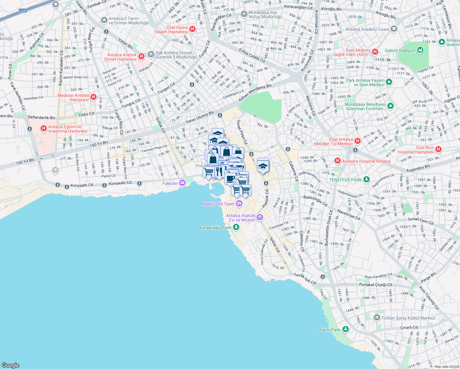 map of restaurants, bars, coffee shops, grocery stores, and more near Mermerli Sokak (Kaleiçi) in Antalya