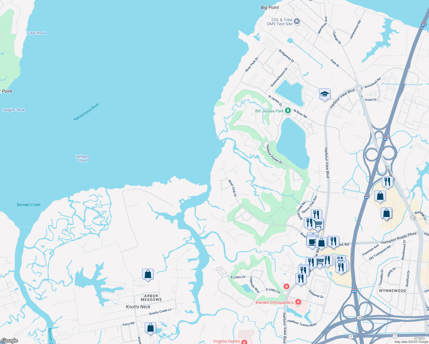 map of restaurants, bars, coffee shops, grocery stores, and more near 5259 River Club Dr in Suffolk