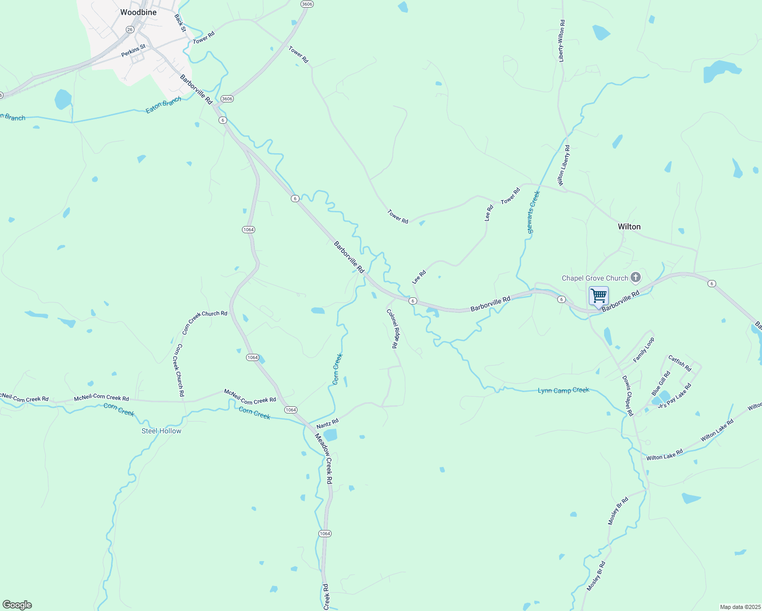 map of restaurants, bars, coffee shops, grocery stores, and more near 74 Colonel Ridge Road in Woodbine