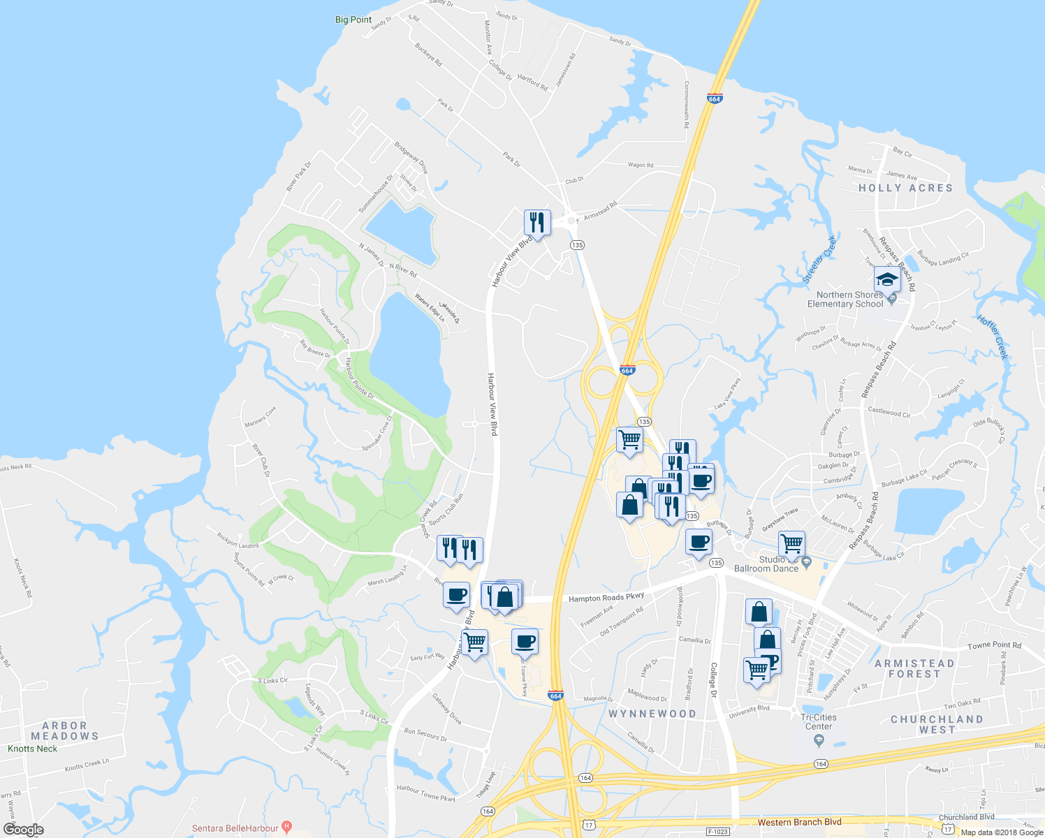 map of restaurants, bars, coffee shops, grocery stores, and more near 6900 Harbour View Boulevard in Suffolk