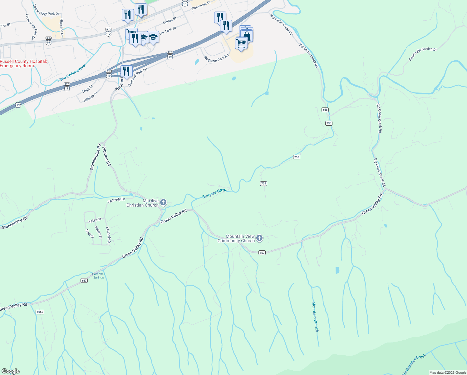 map of restaurants, bars, coffee shops, grocery stores, and more near 3951 Green Valley Road in Lebanon