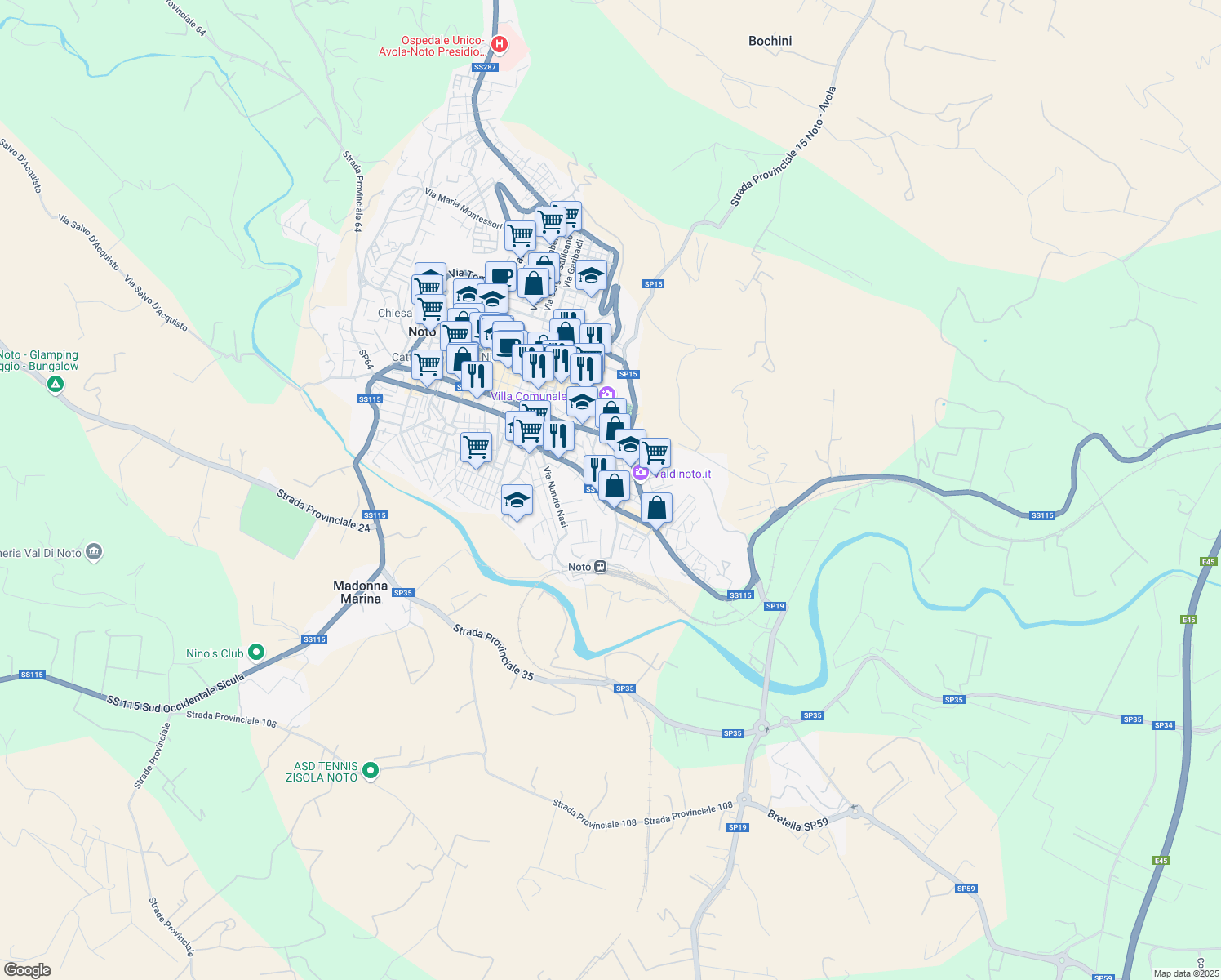 map of restaurants, bars, coffee shops, grocery stores, and more near Via Principe Umberto in Noto