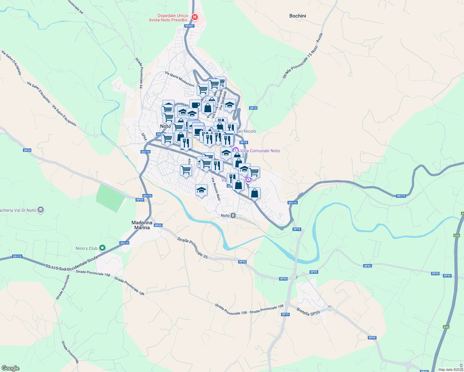 map of restaurants, bars, coffee shops, grocery stores, and more near 83 Viale Principe di Piemonte in Noto