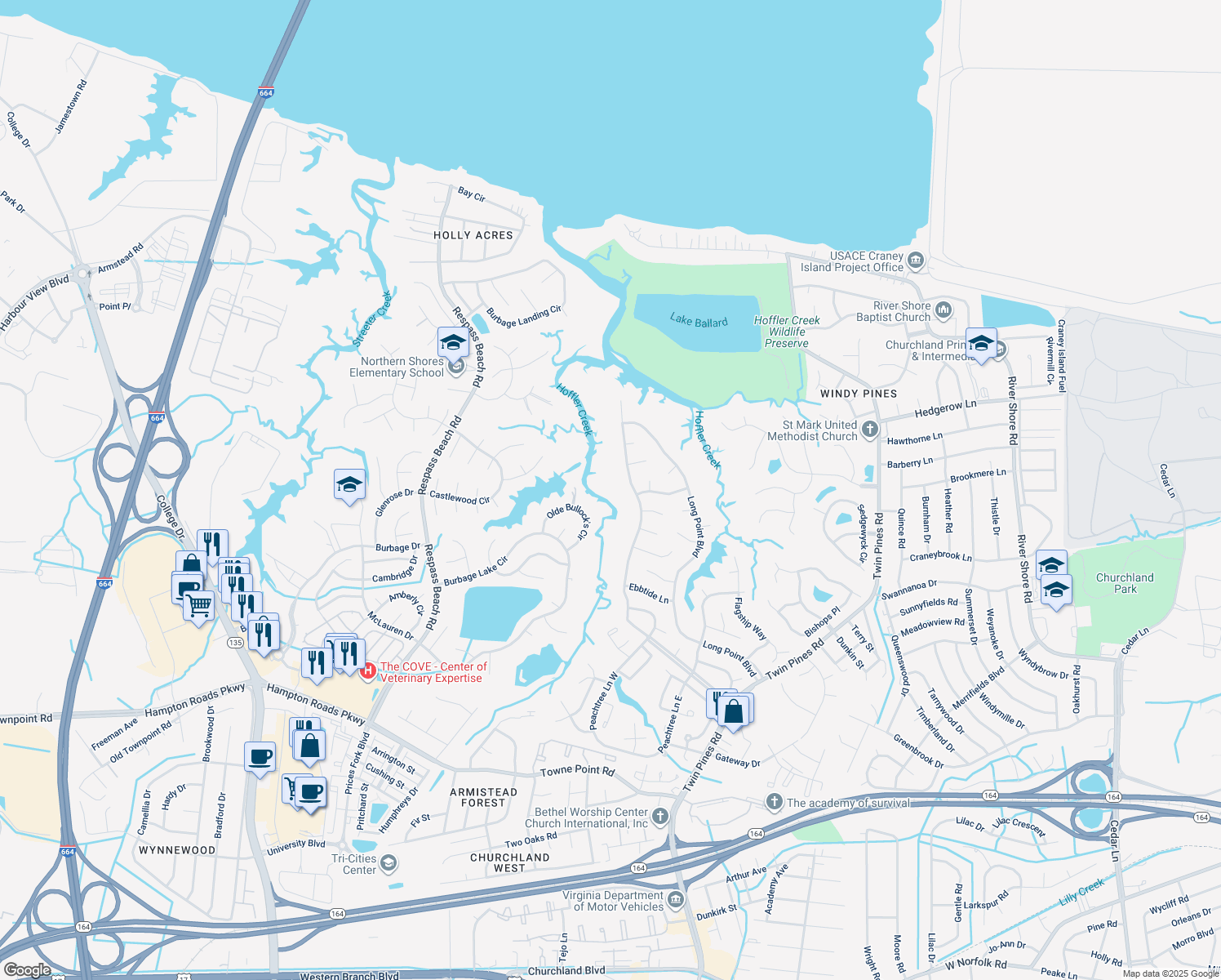map of restaurants, bars, coffee shops, grocery stores, and more near 4063 Long Point Boulevard in Portsmouth
